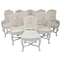 Rare Large Set of 12 French Painted Cane French Louis XV Carved Dining Chairs