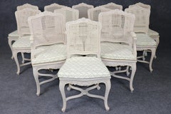 Rare Large Set of 12 French Painted Cane French Louis XV Carved Dining Chairs