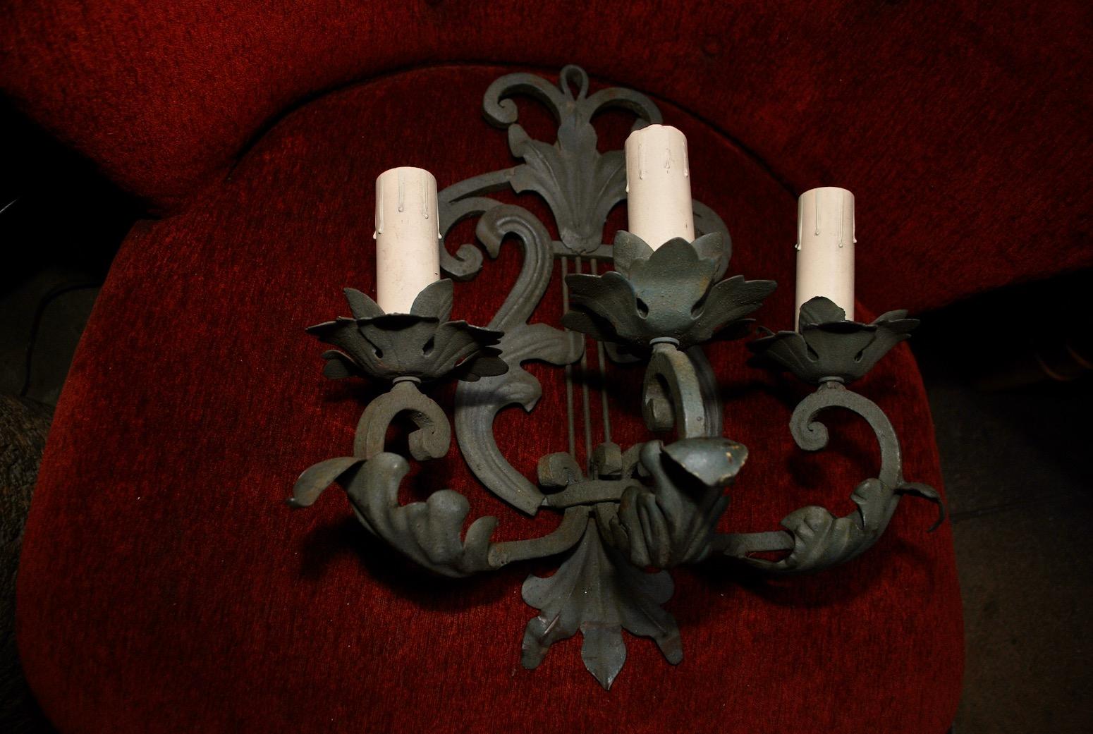 Mid-20th Century Rare Large  Set of Ten French 1940s Wrought Iron Sconces ( four are sold ) For Sale