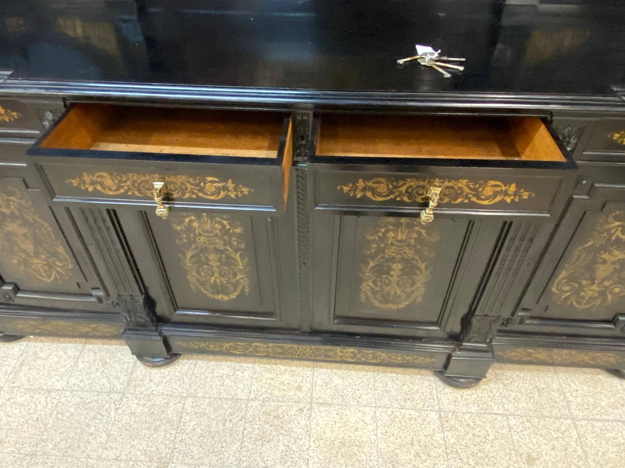 Rare Large Sideboard in Blackened Pear with Inlaid Brass Decorations, Napoleon 3 For Sale 7