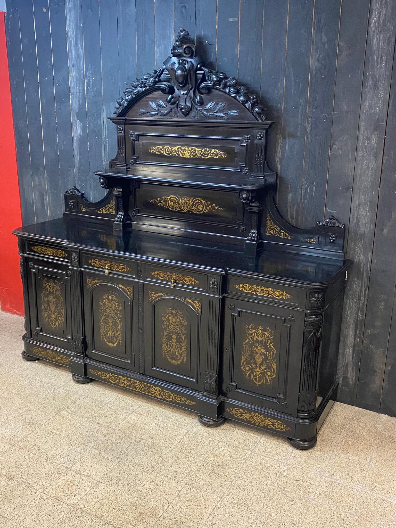 Rare Large Sideboard in Blackened Pear with Inlaid Brass Decorations, Napoleon 3 For Sale 12