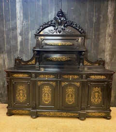 Rare Large Sideboard in Blackened Pear with Inlaid Brass Decorations, Napoleon 3
