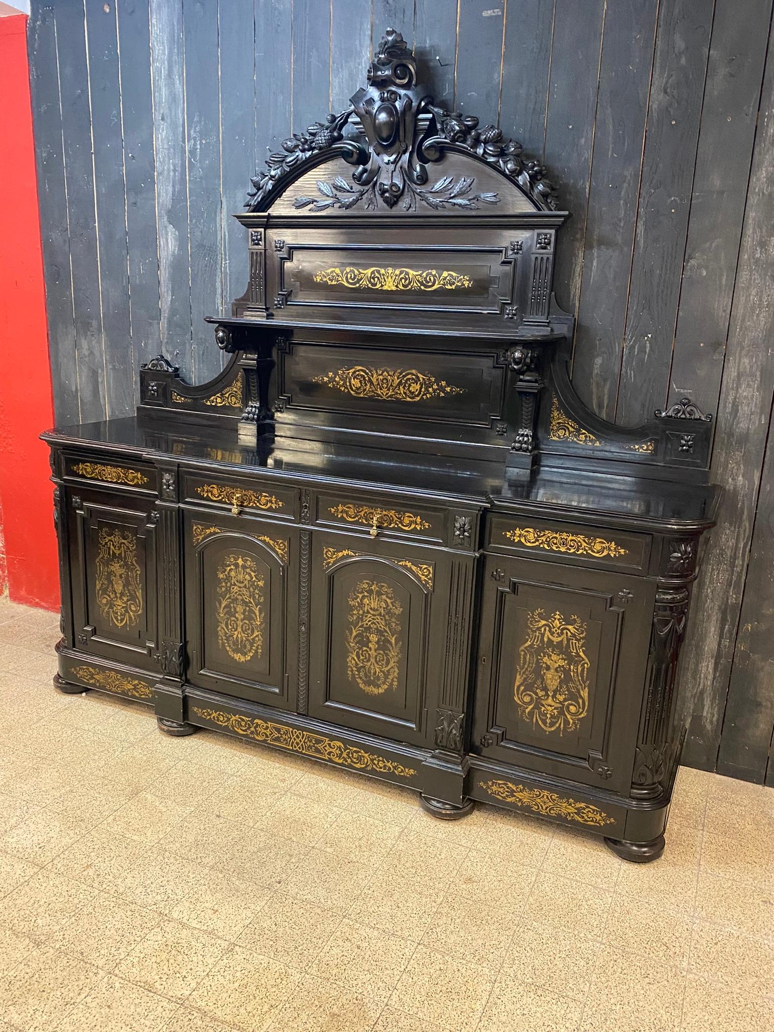Rare Large Sideboard in Blackened Pear with Inlaid Brass Decorations, Napoleon 3 For Sale 14