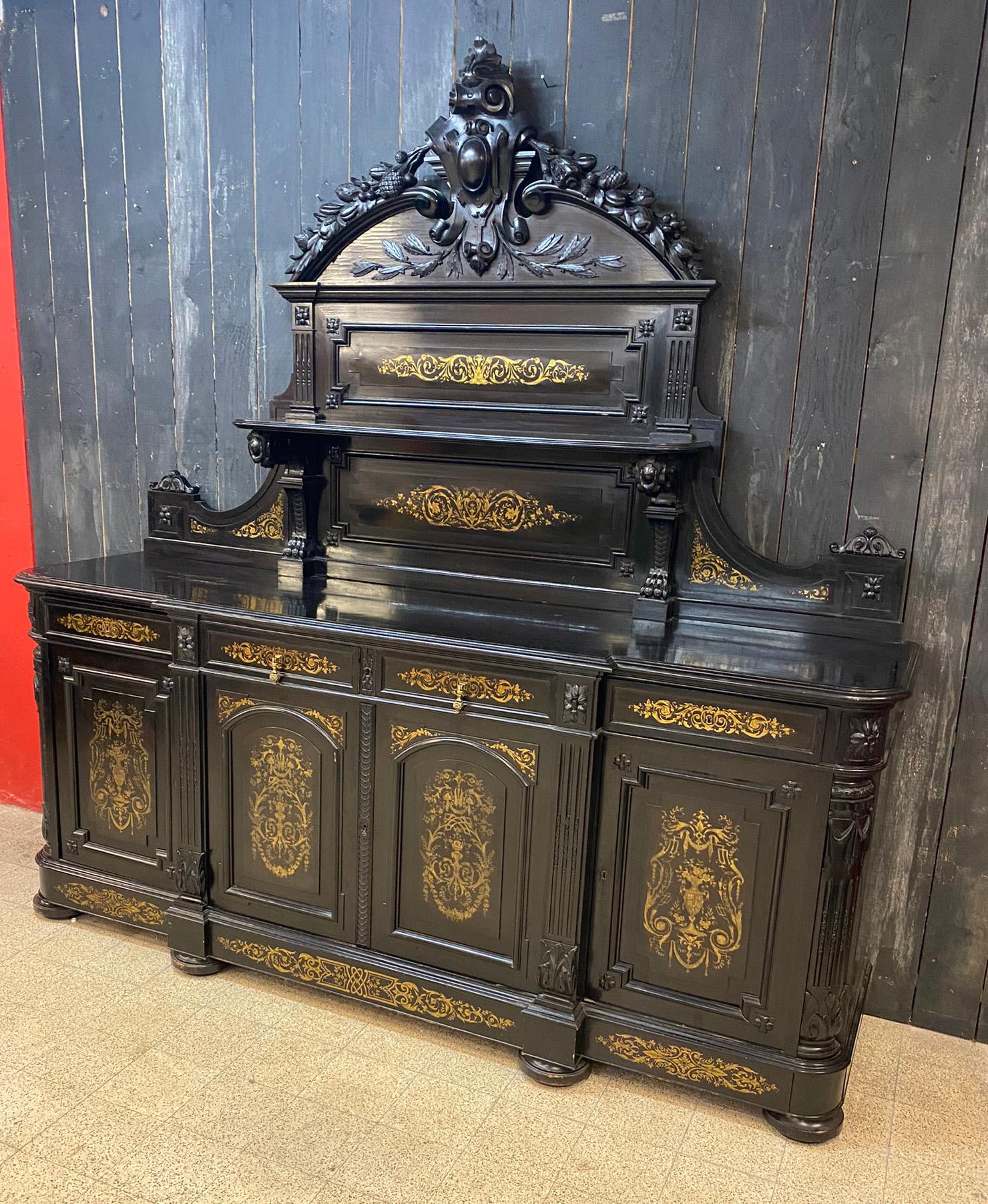 Napoleon III Rare Large Sideboard in Blackened Pear with Inlaid Brass Decorations, Napoleon 3 For Sale