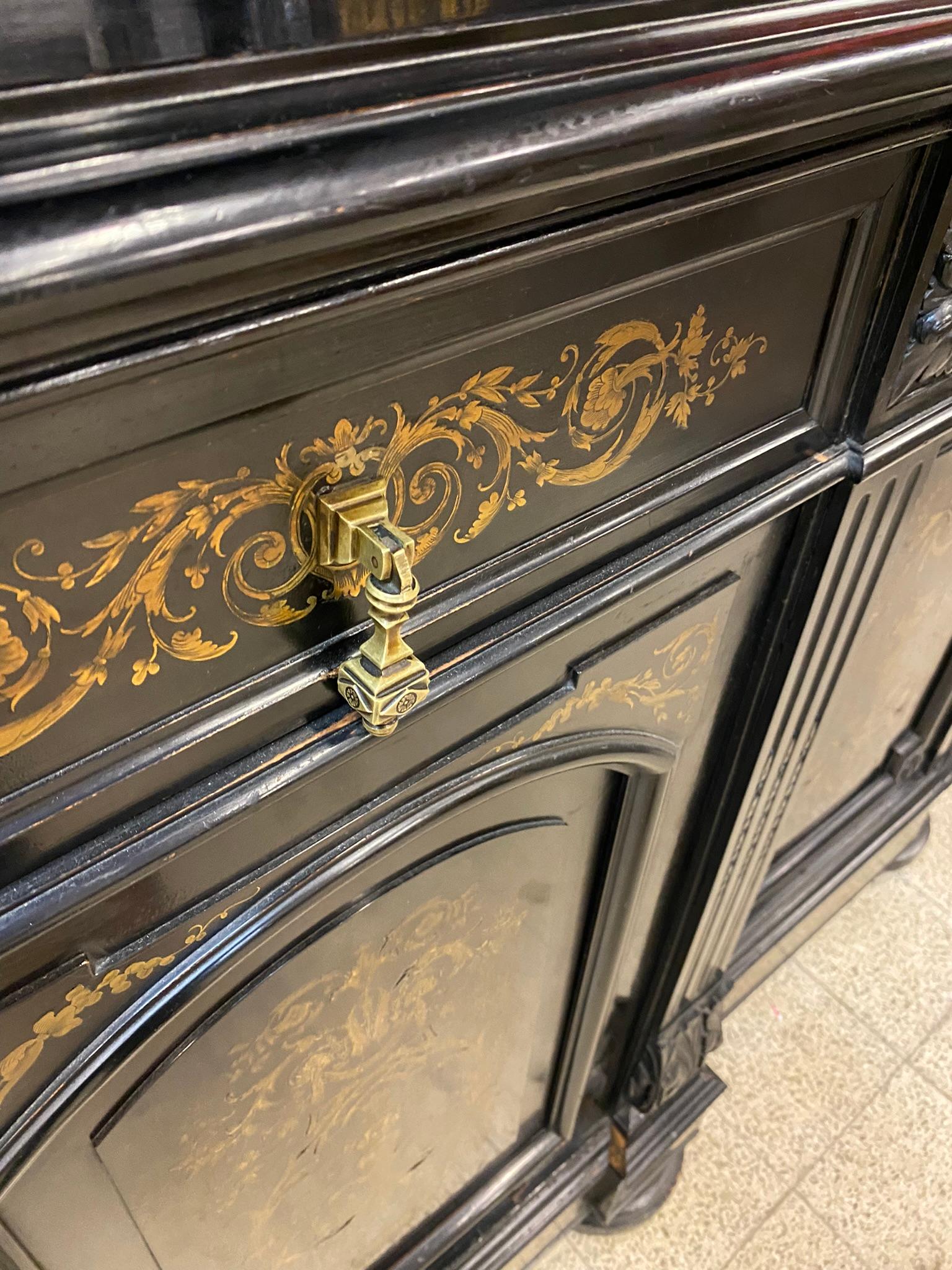 French Rare Large Sideboard in Blackened Pear with Inlaid Brass Decorations, Napoleon 3 For Sale