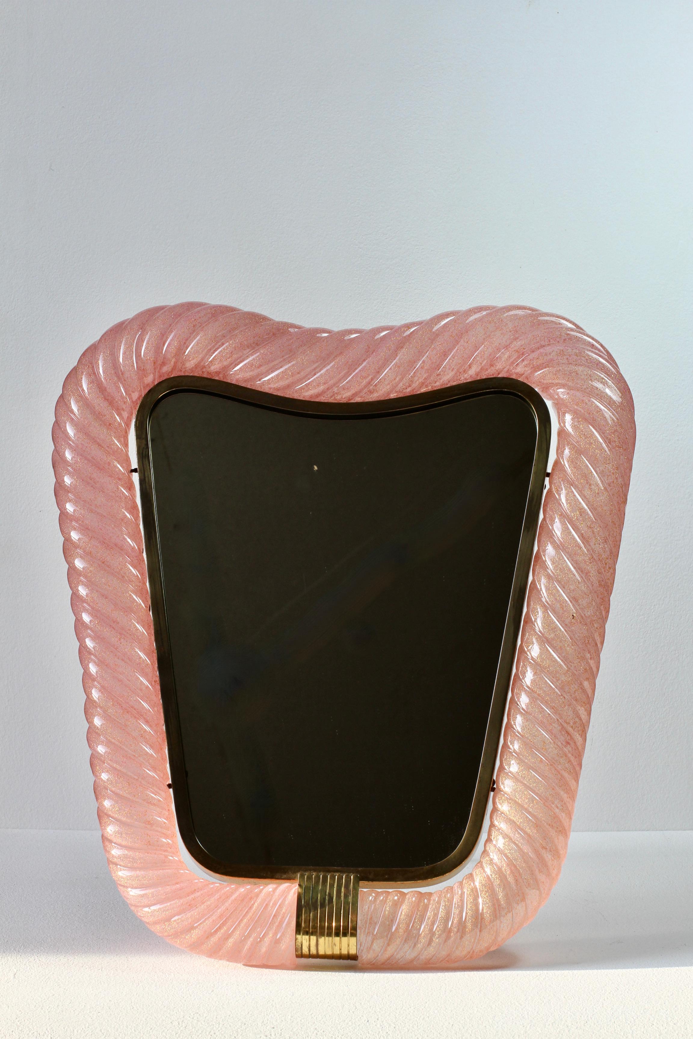 Mid-Century Modern Rare Large Signed Ercole Barovier Pink Murano Glass & Brass Vanity Mirror 1940s For Sale