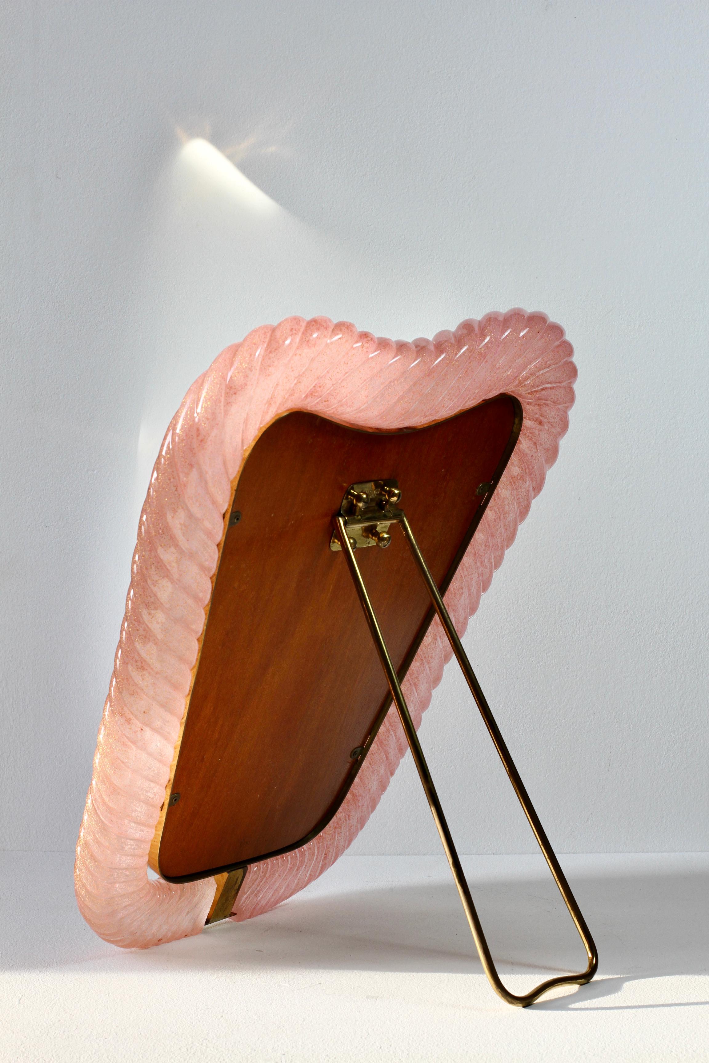 Italian Rare Large Signed Ercole Barovier Pink Murano Glass & Brass Vanity Mirror 1940s For Sale
