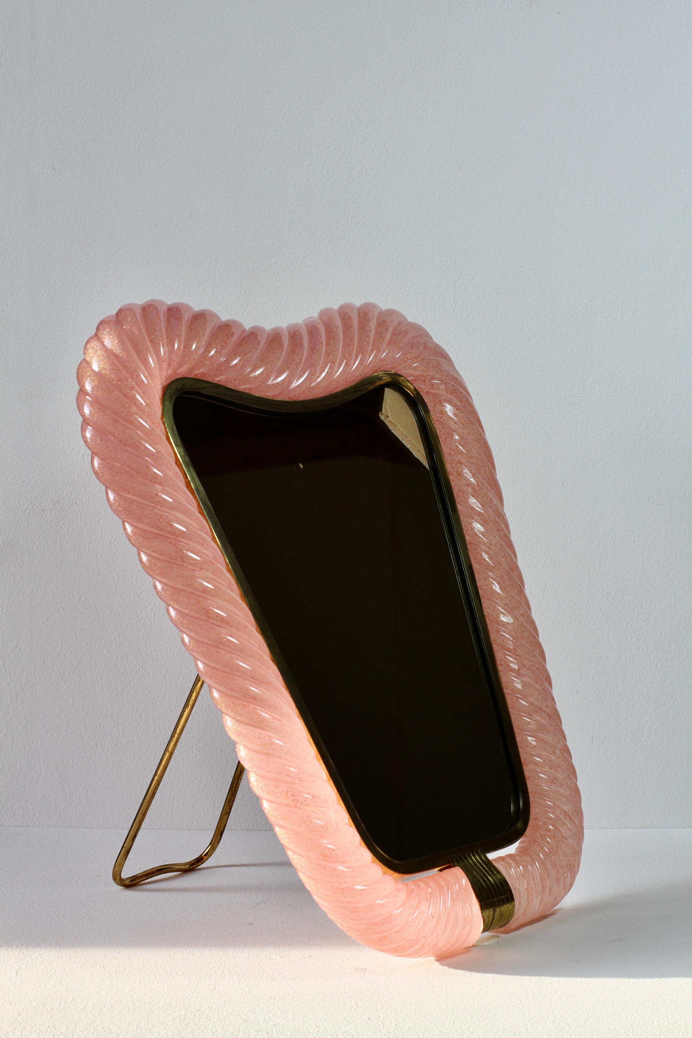 20th Century Rare Large Signed Ercole Barovier Pink Murano Glass & Brass Vanity Mirror 1940s For Sale