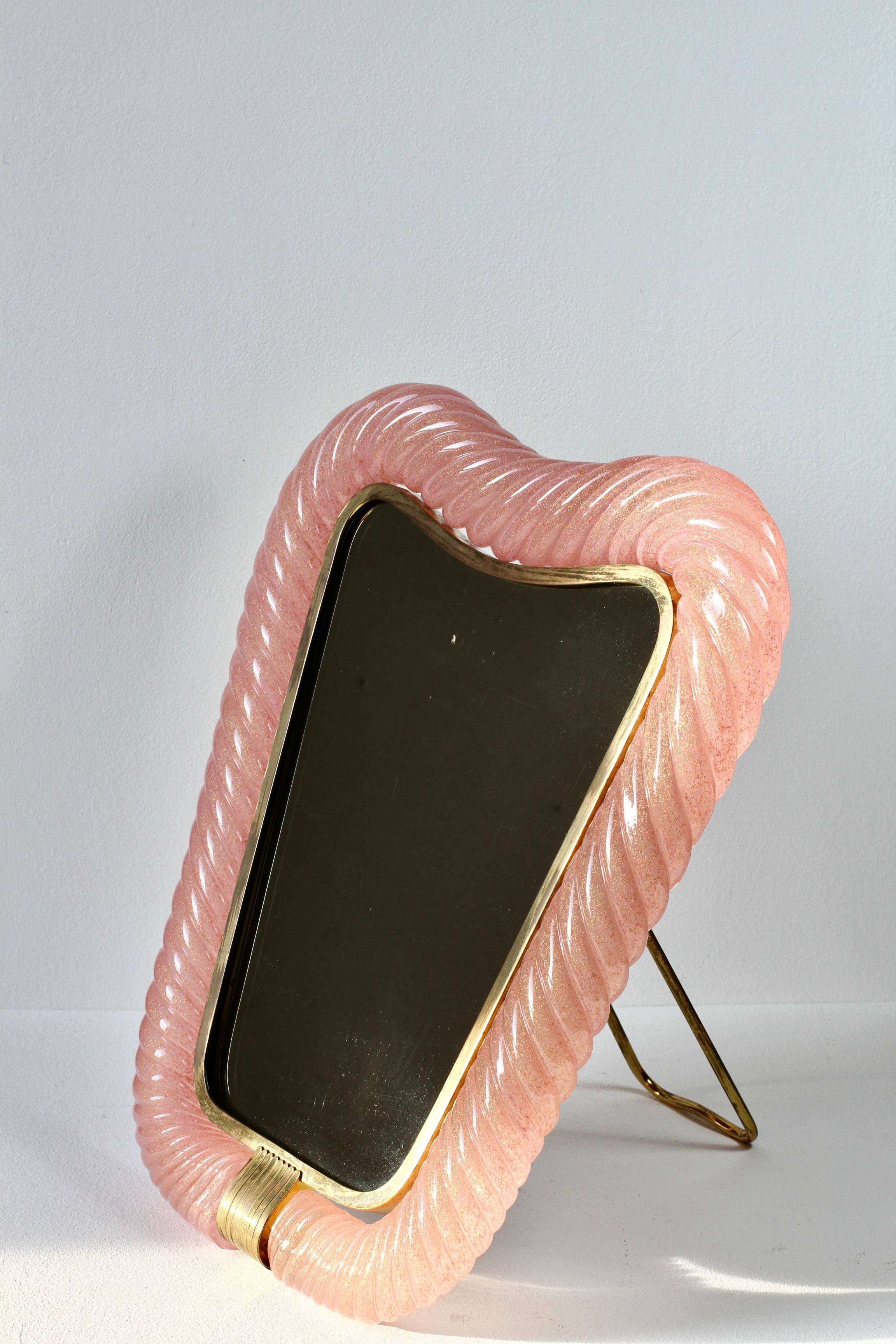 Rare Large Signed Ercole Barovier Pink Murano Glass & Brass Vanity Mirror 1940s For Sale 2