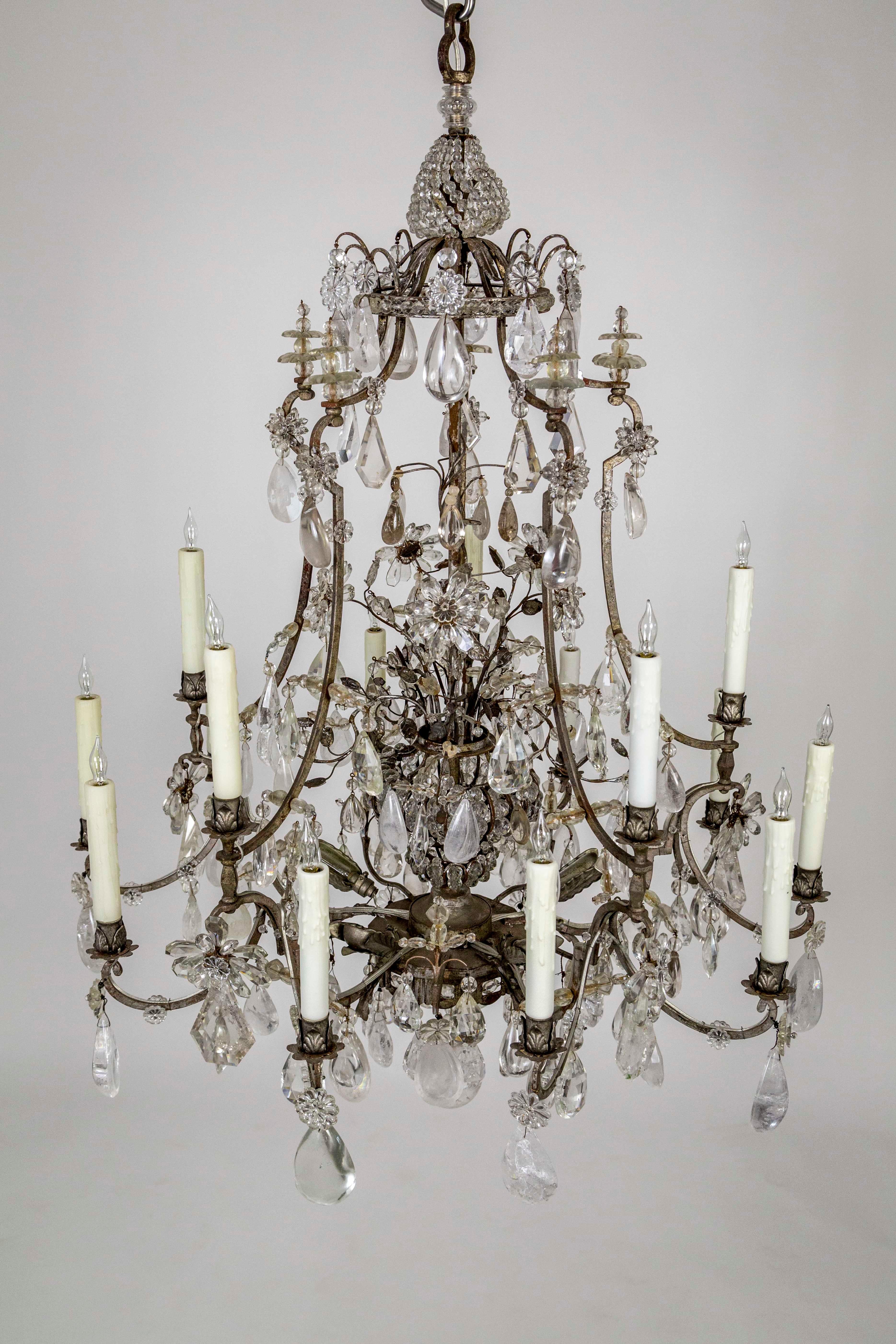 Large Maison Bagues Silver Gilt Bronze Rock Crystal Flower Bouquet Chandelier In Good Condition For Sale In San Francisco, CA