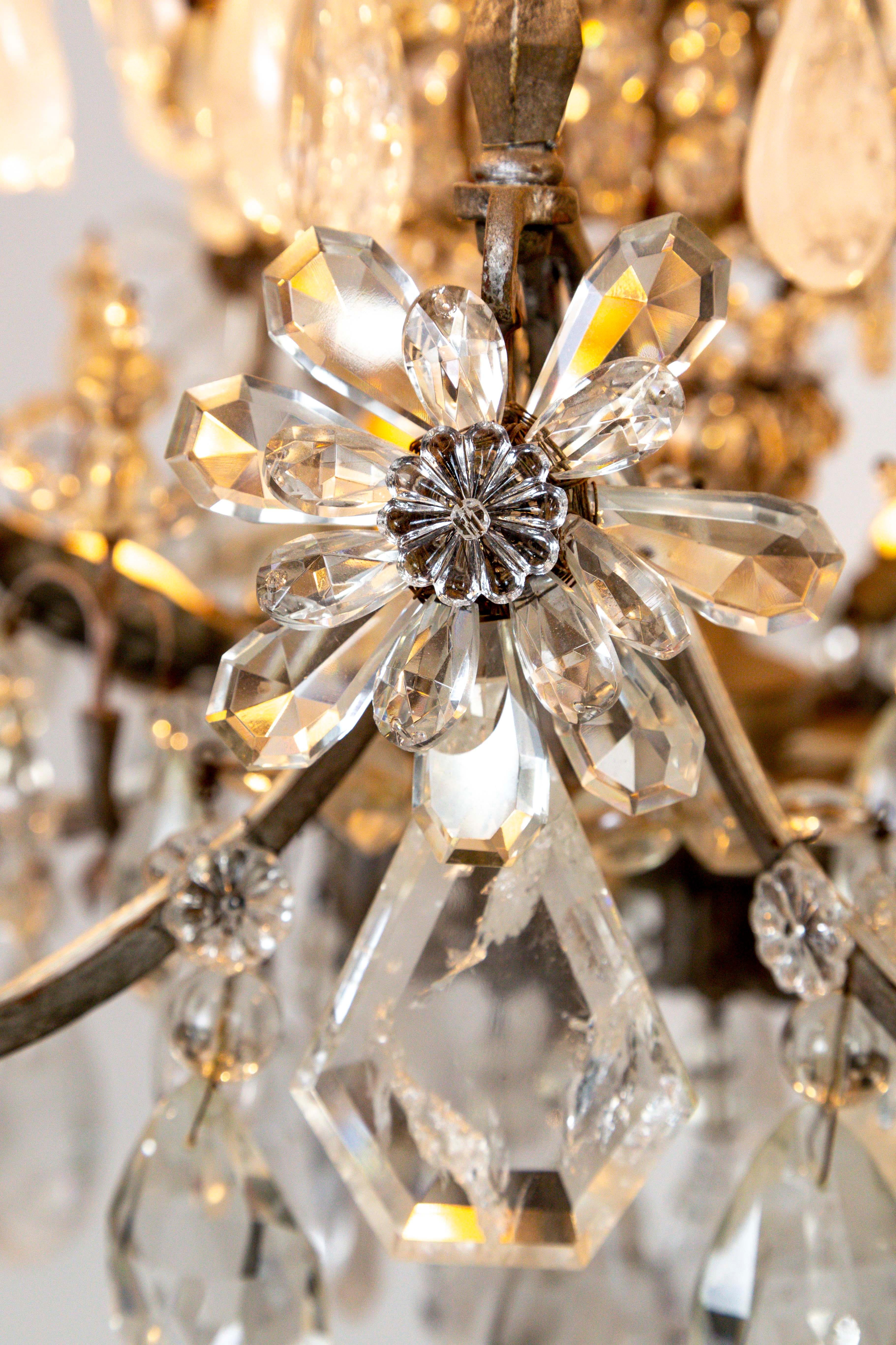 Early 20th Century Large Maison Bagues Silver Gilt Bronze Rock Crystal Flower Bouquet Chandelier For Sale