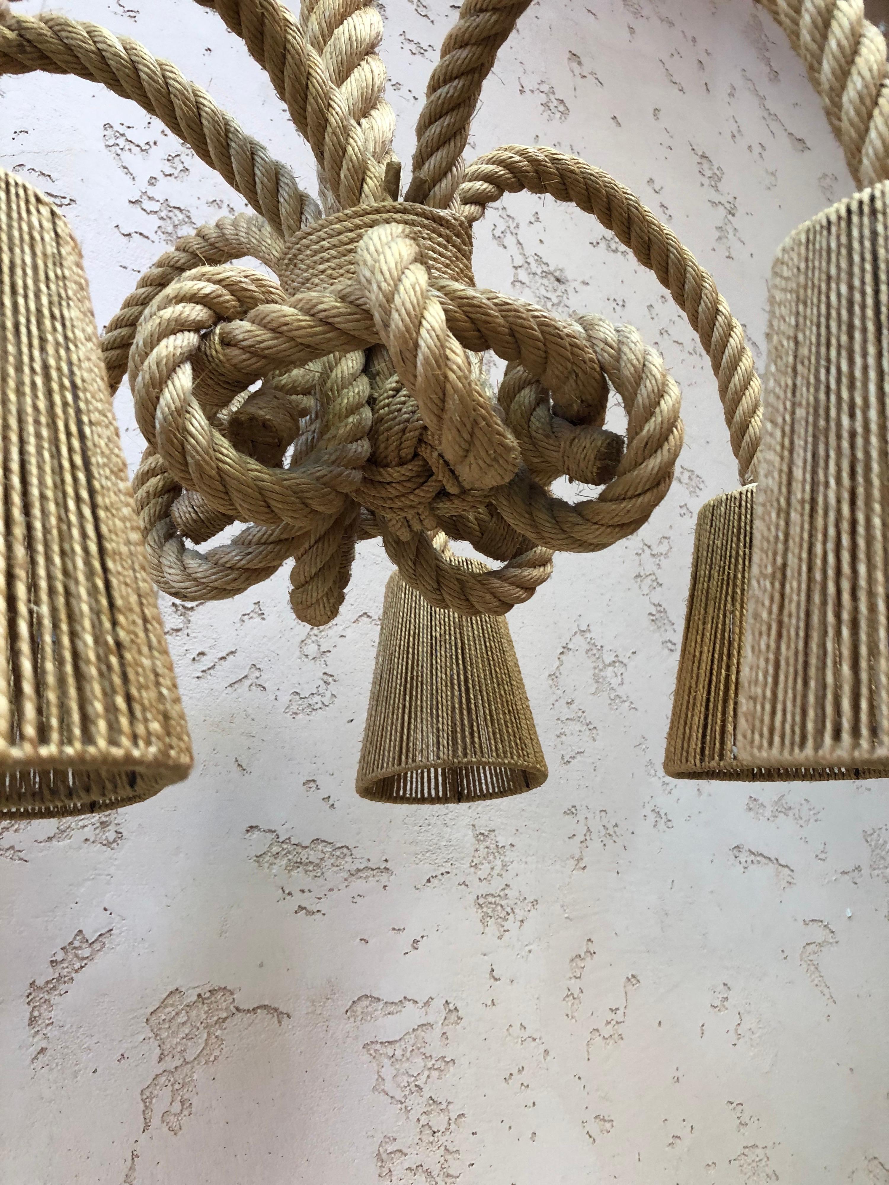 Mid-Century Modern Mid-Century Rare Large Six Arms Rope Chandelier Adrien Audoux and Frida Minet