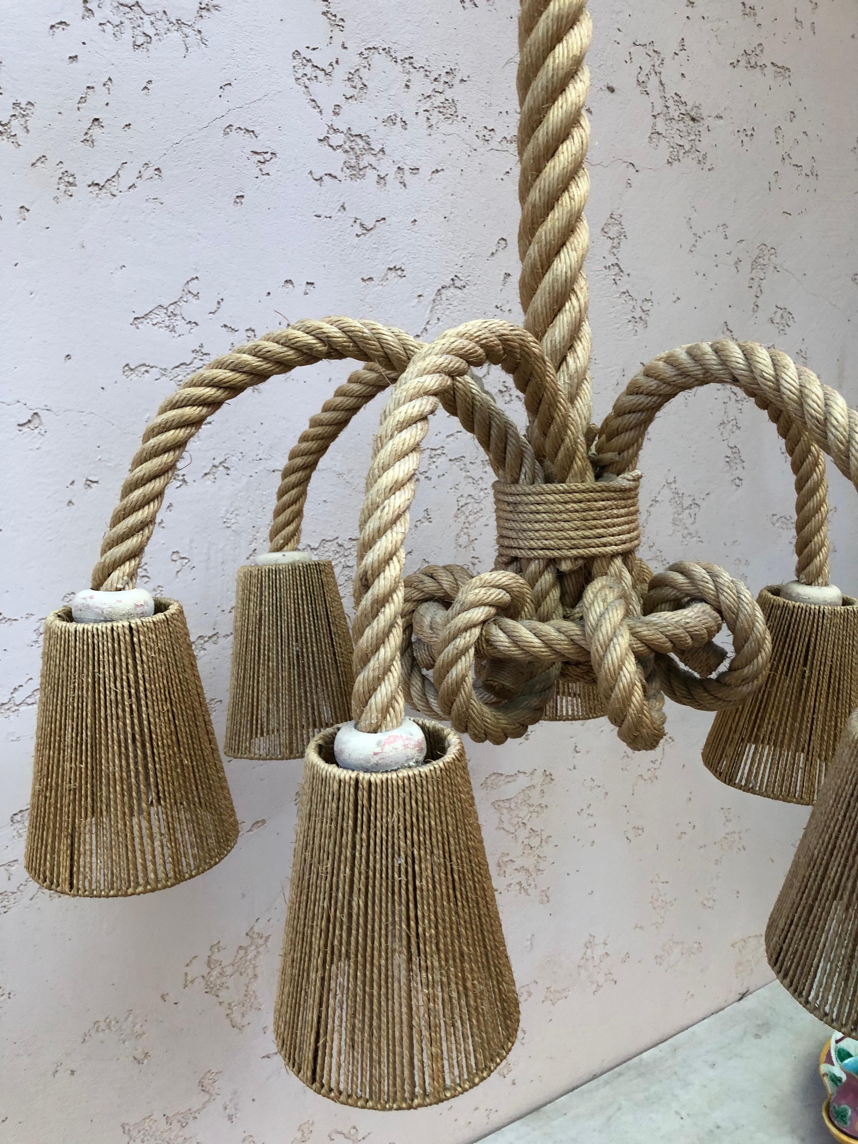 French Mid-Century Rare Large Six Arms Rope Chandelier Adrien Audoux and Frida Minet