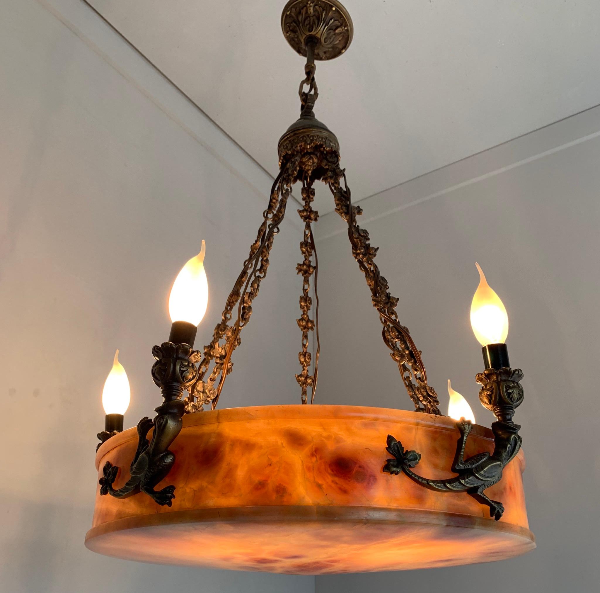 Impressive & Large Alabaster Pendant Light Chandelier w Bronze Lizard Sculptures For Sale 5