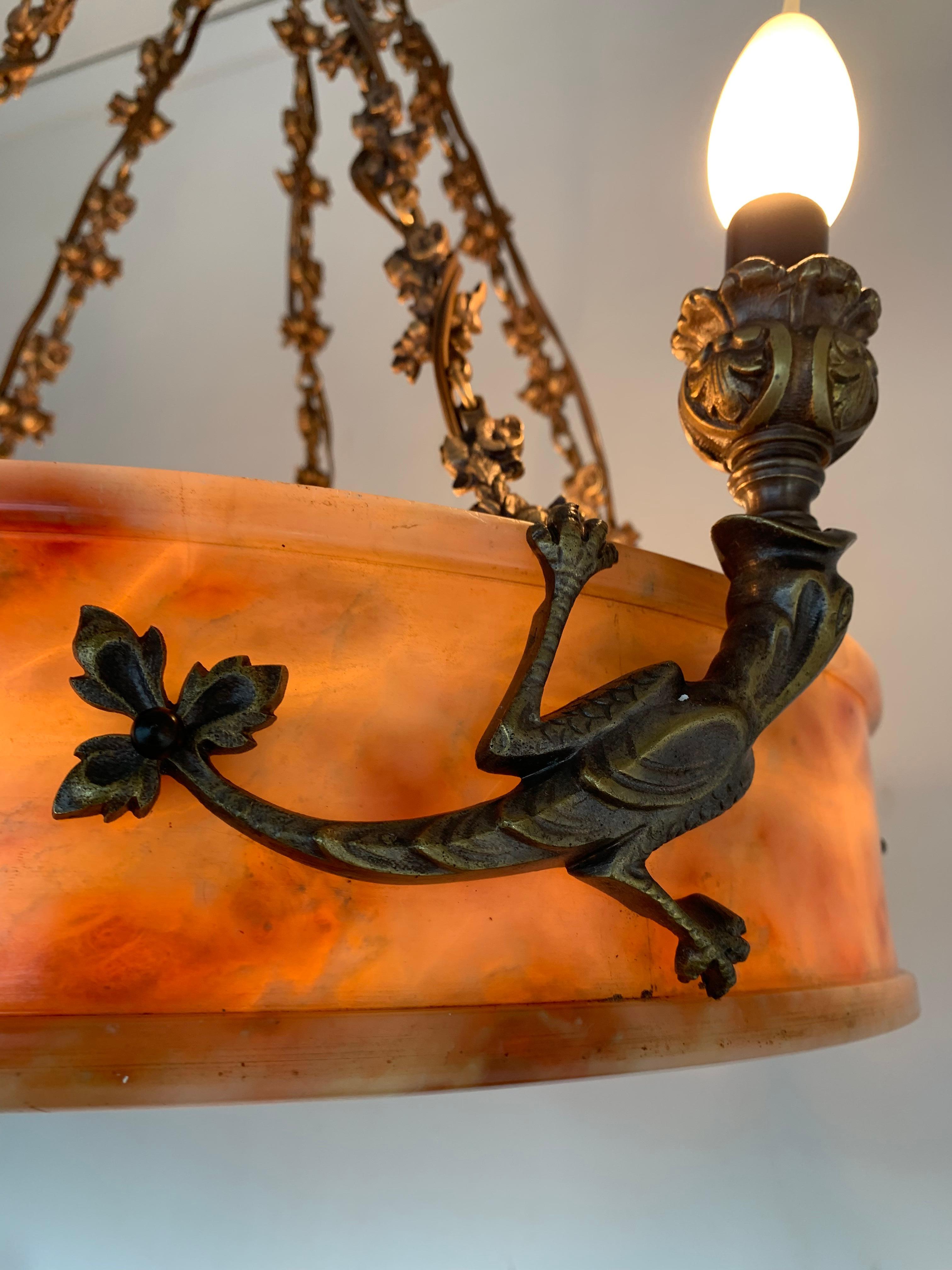 Impressive & Large Alabaster Pendant Light Chandelier w Bronze Lizard Sculptures For Sale 6