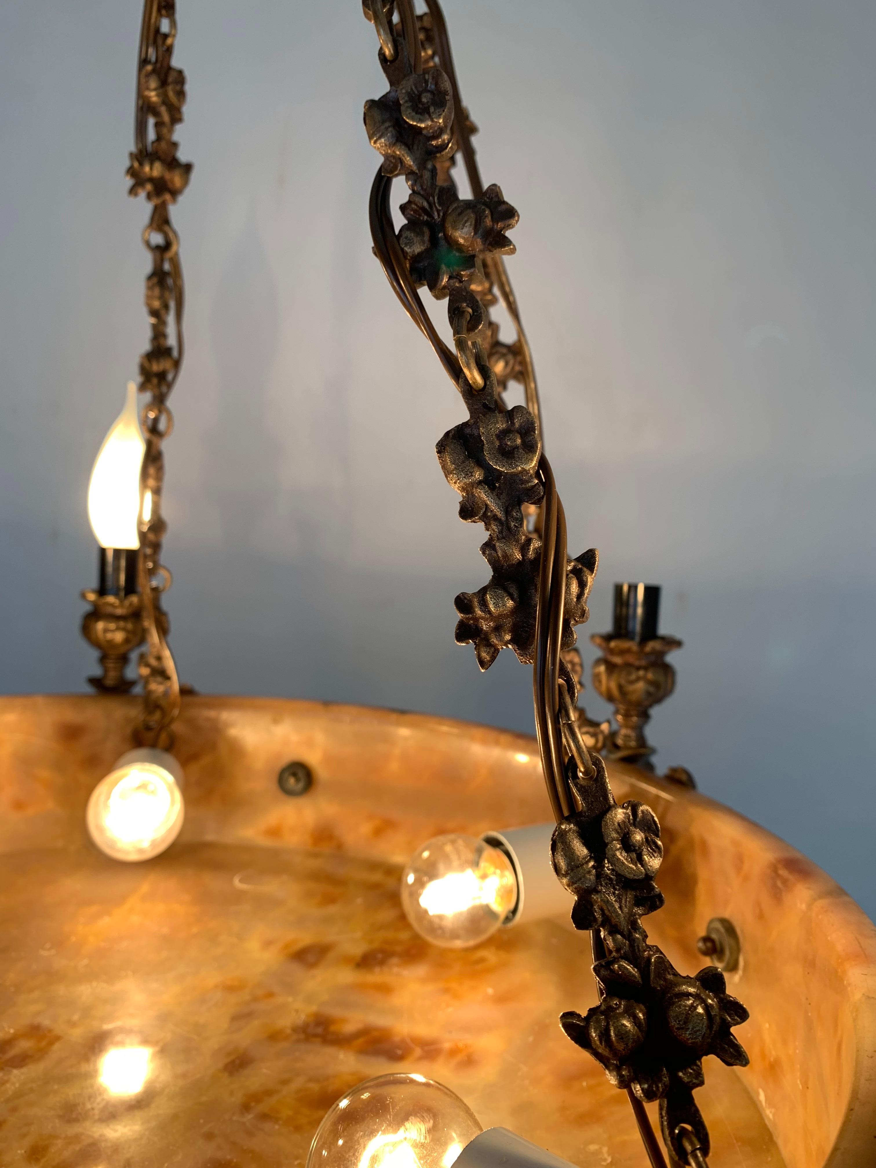 Impressive & Large Alabaster Pendant Light Chandelier w Bronze Lizard Sculptures For Sale 7