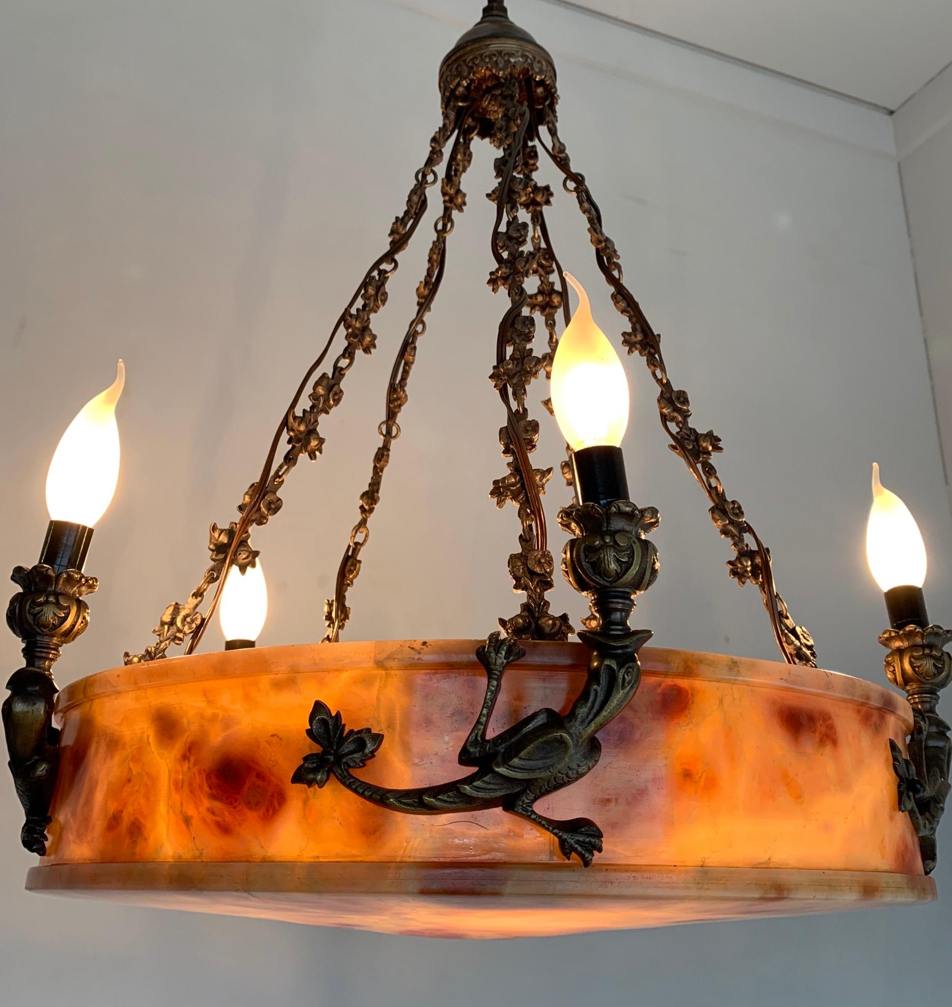 Impressive & Large Alabaster Pendant Light Chandelier w Bronze Lizard Sculptures For Sale 9