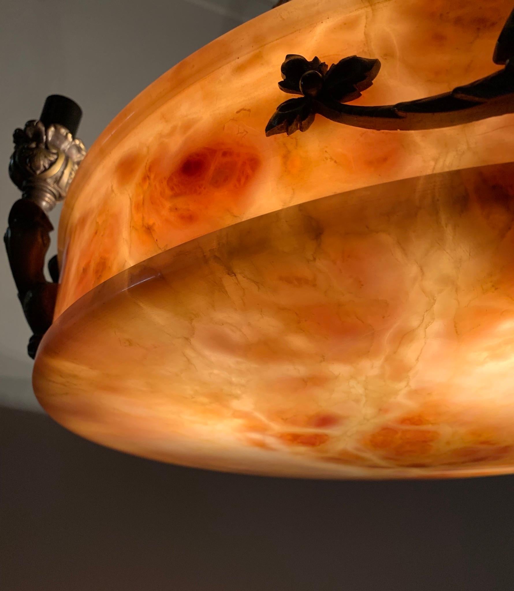 Impressive & Large Alabaster Pendant Light Chandelier w Bronze Lizard Sculptures For Sale 1