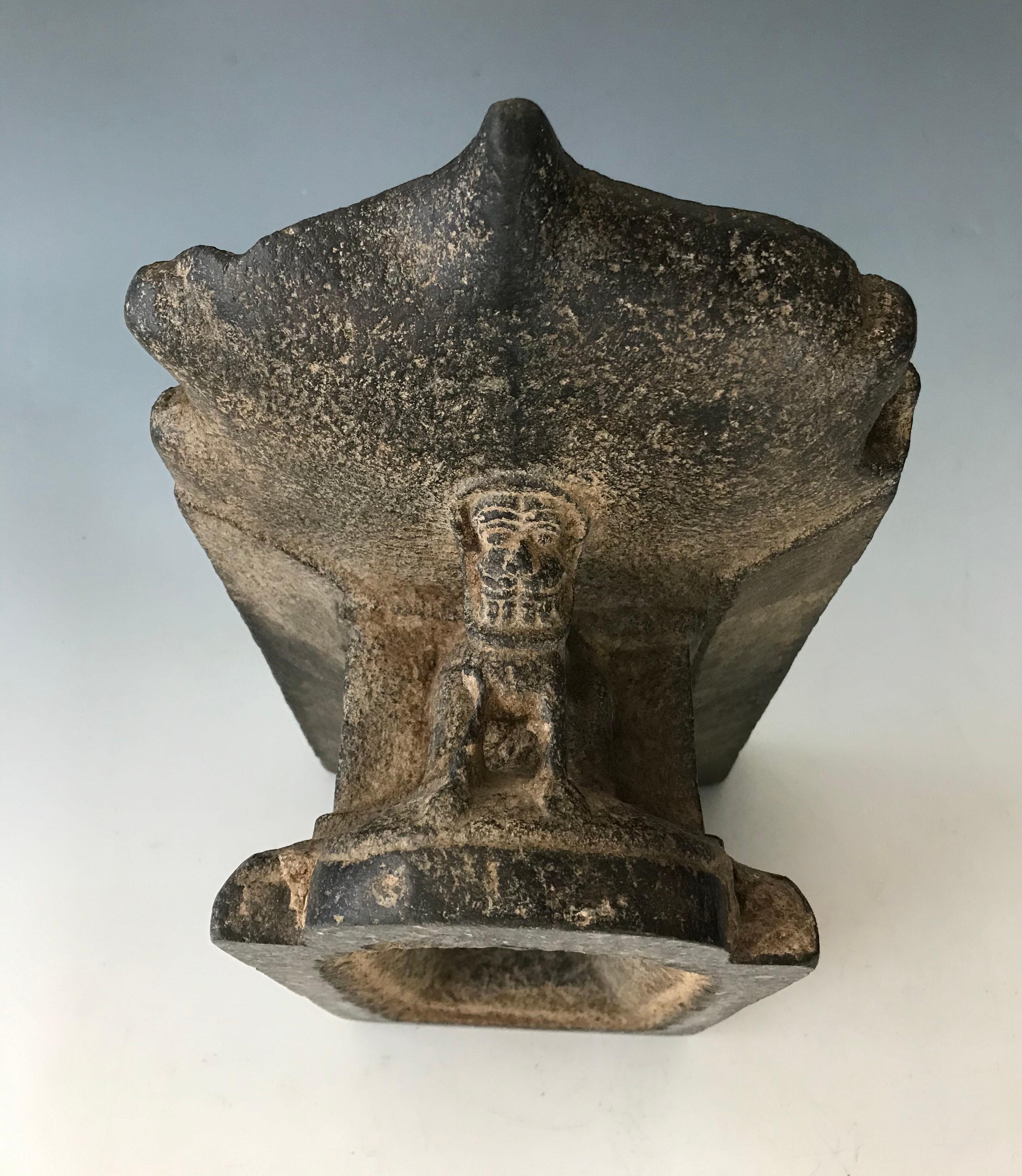 18th Century and Earlier Rare Large South Indian Antique Carved Stone Mortar Circa 12th Century AD For Sale