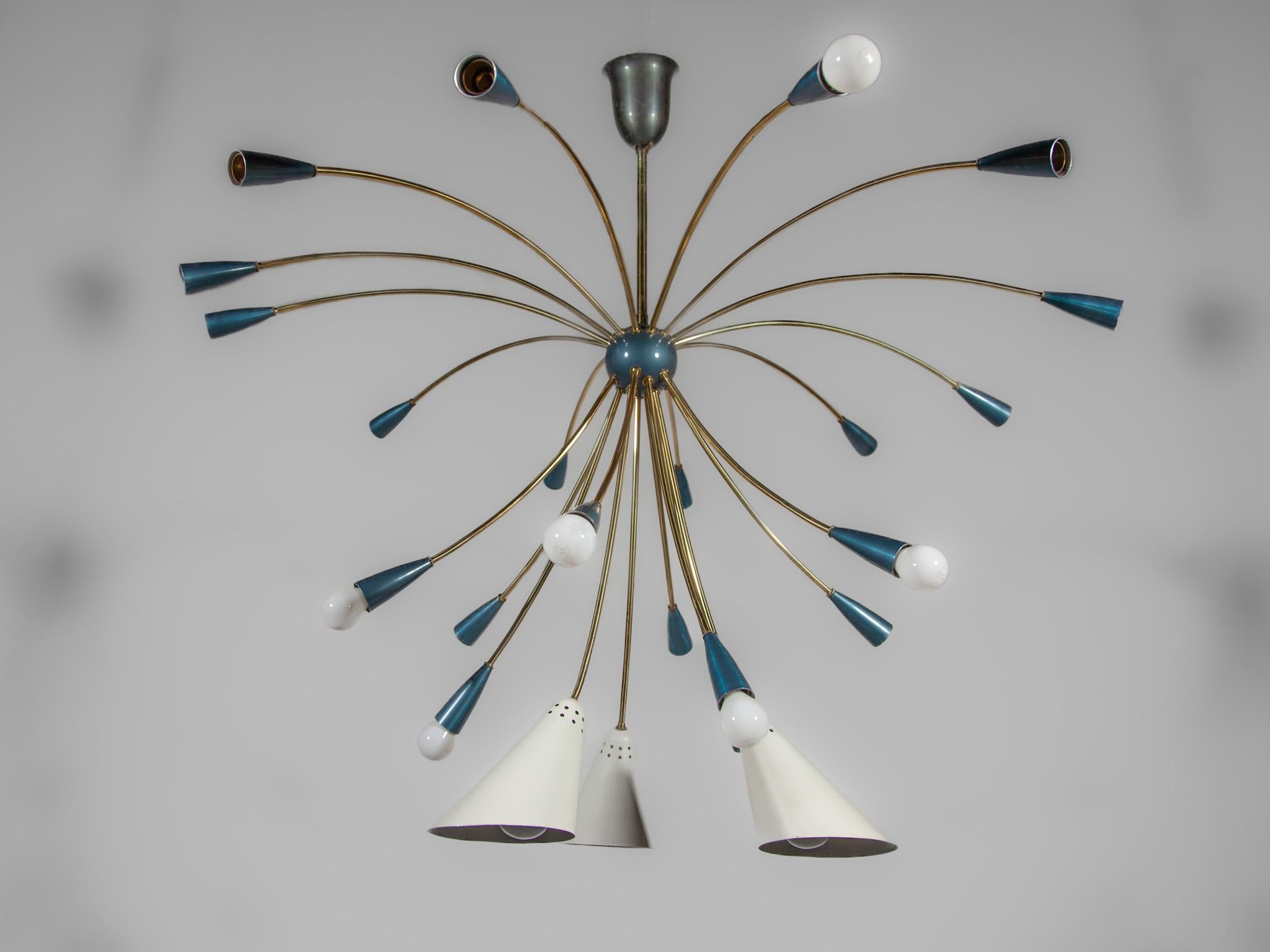 Rare Large Sputnik Chandelier Brass 23 Blue and White Shades, Germany 50s 3