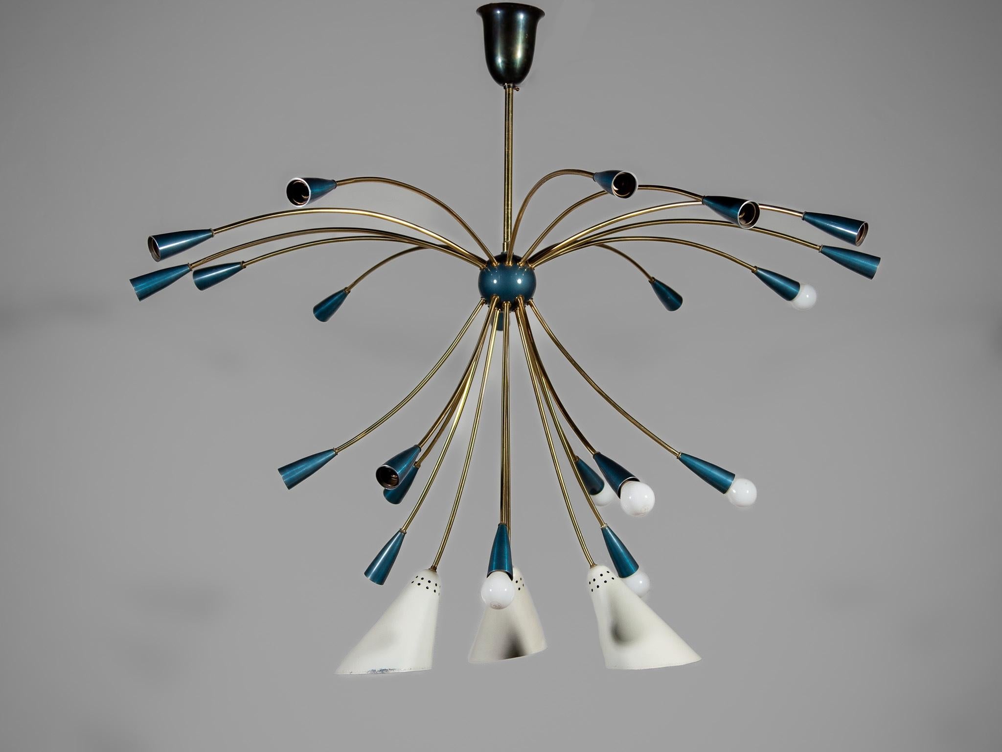 Hand-Crafted Rare Large Sputnik Chandelier Brass 23 Blue and White Shades, Germany 50s