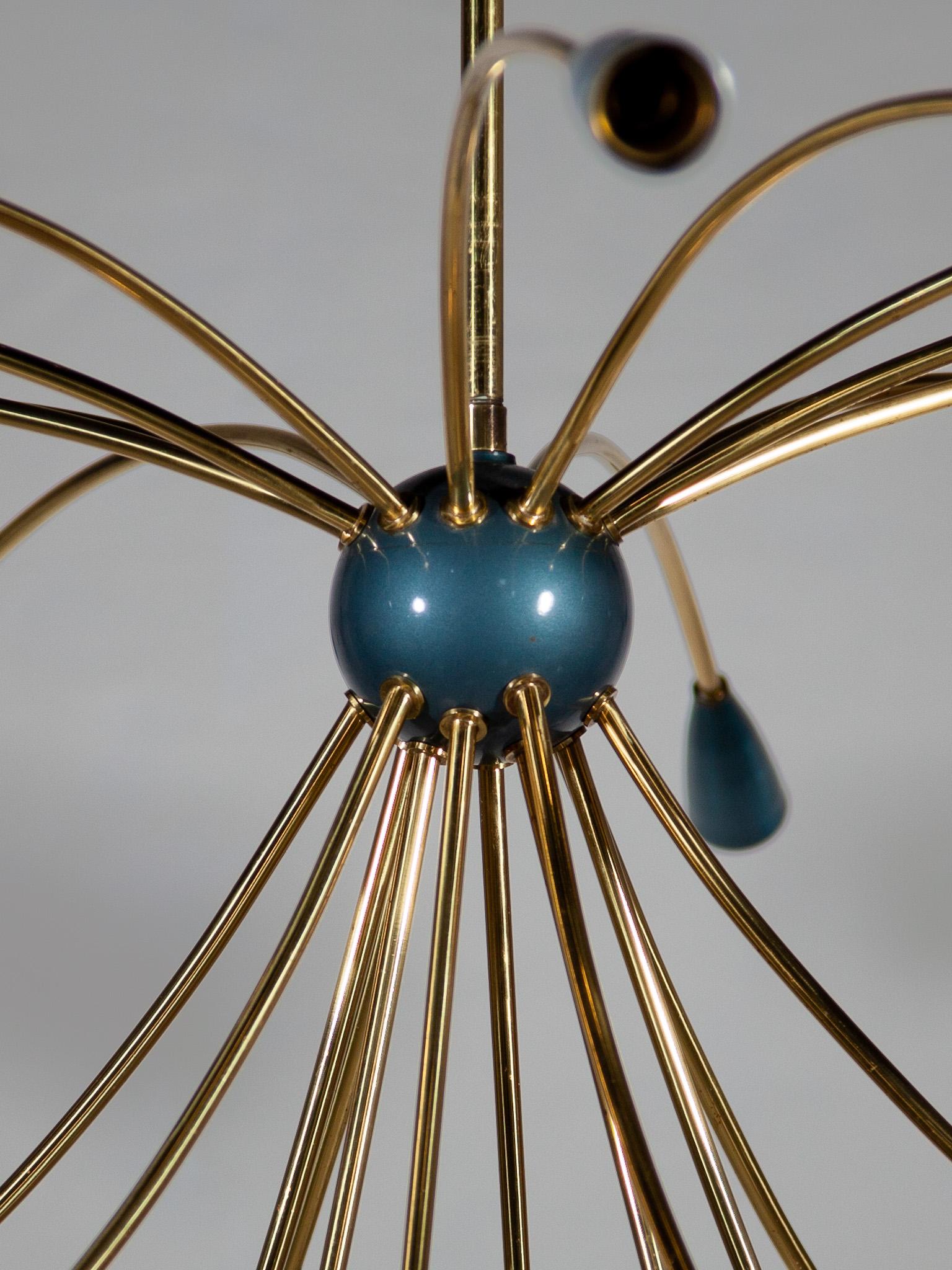 Rare Large Sputnik Chandelier Brass 23 Blue and White Shades, Germany 50s In Good Condition In Antwerp, BE