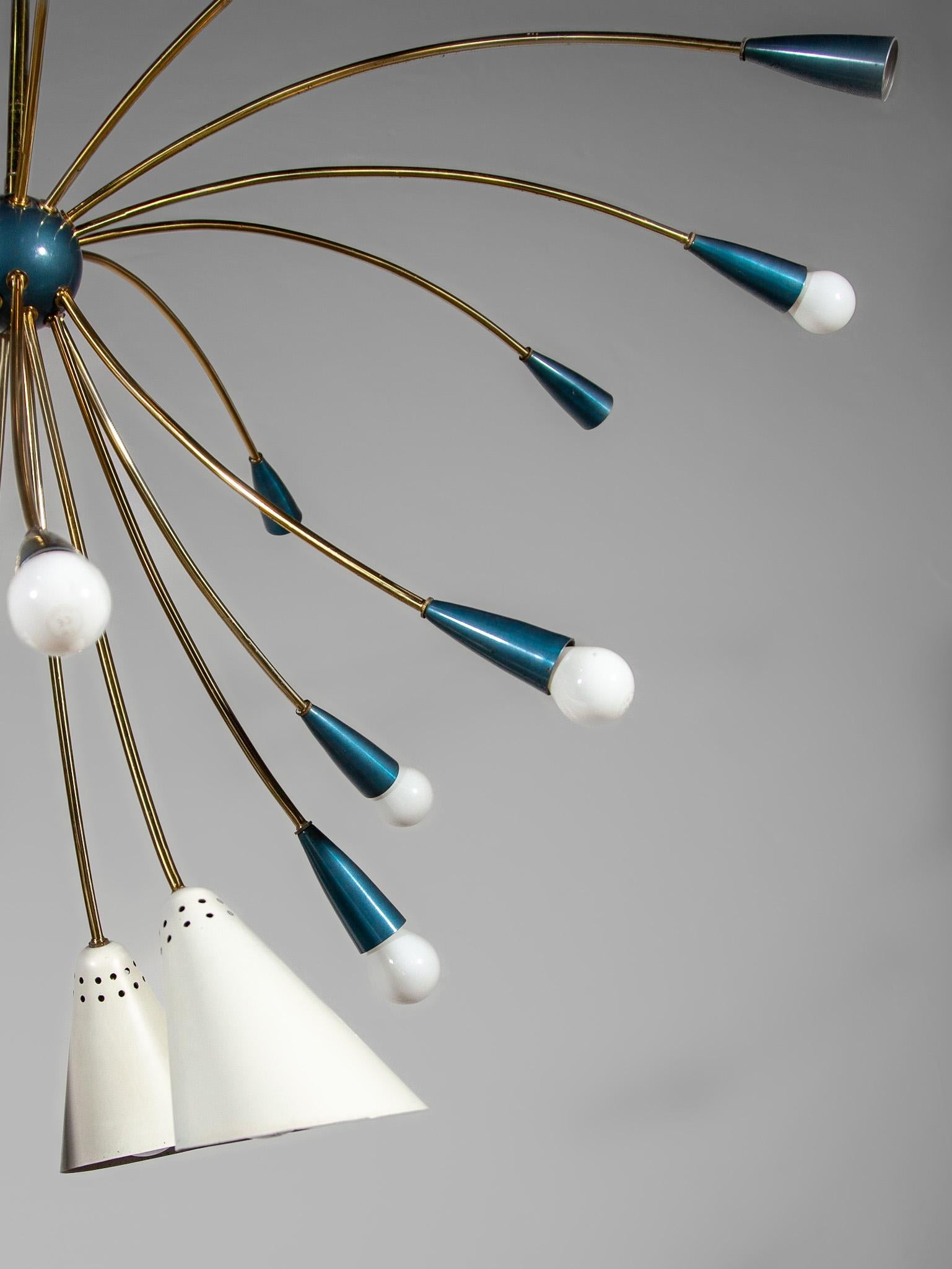 Mid-20th Century Rare Large Sputnik Chandelier Brass 23 Blue and White Shades, Germany 50s