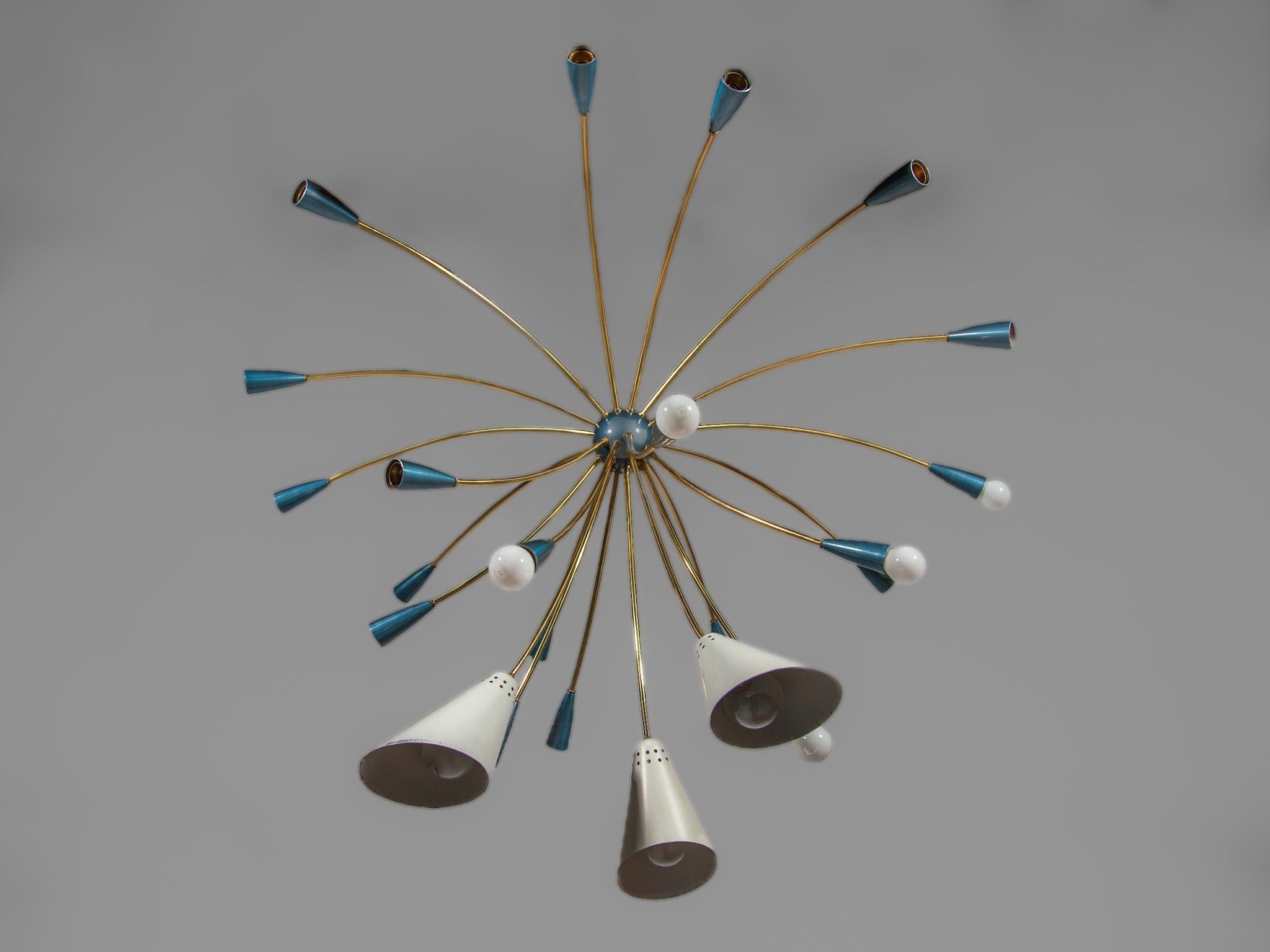 Metal Rare Large Sputnik Chandelier Brass 23 Blue and White Shades, Germany 50s