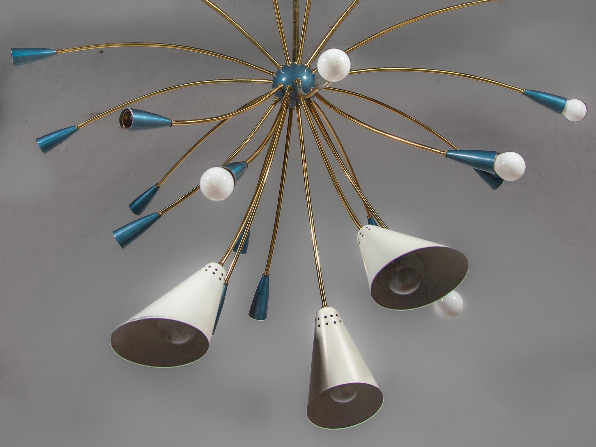 Rare Large Sputnik Chandelier Brass 23 Blue and White Shades, Germany 50s 1