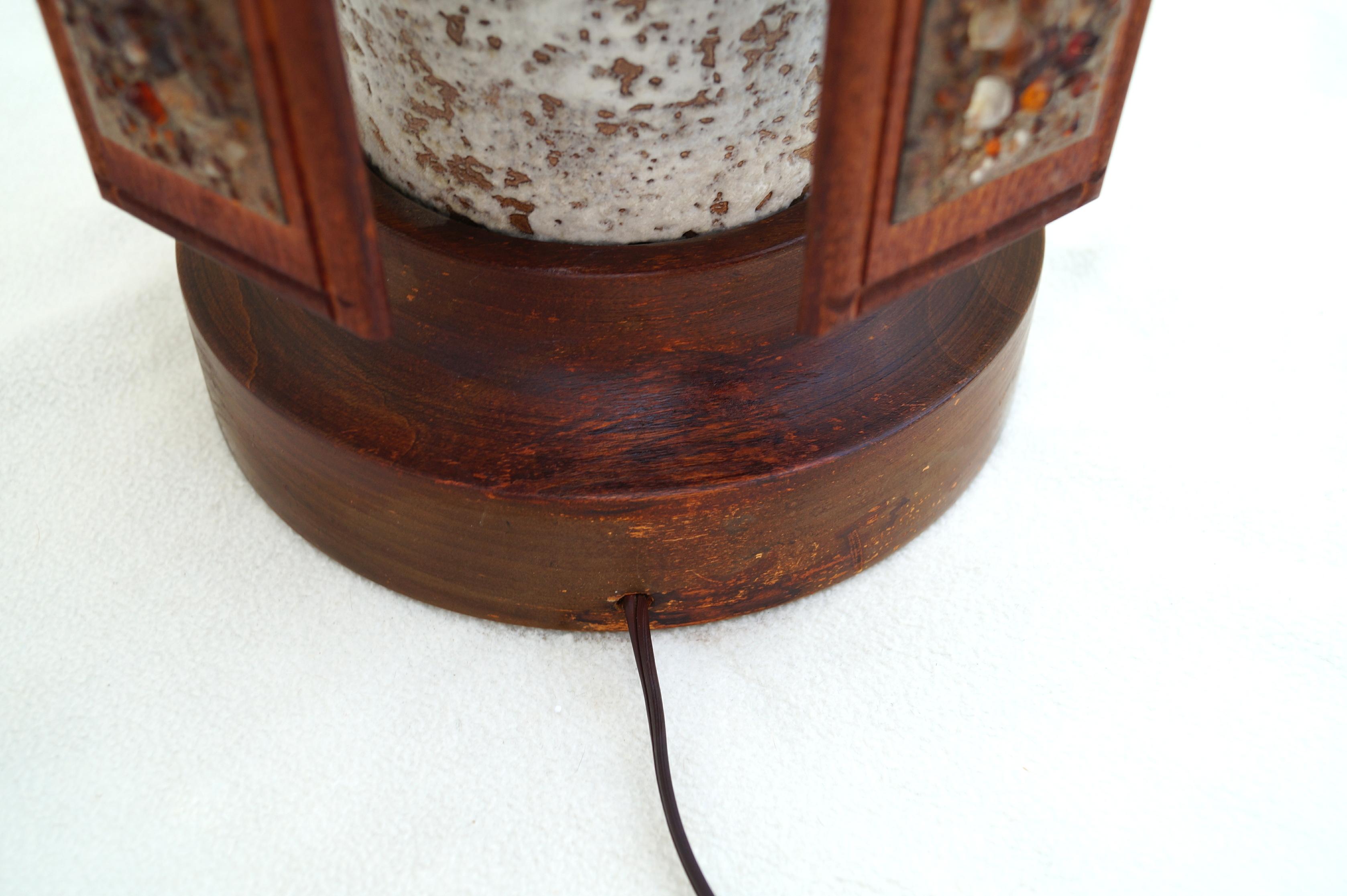 Rare Large Tall Mid-Century Danish Modern Pottery Table Lamp Teak Pebble Paneled For Sale 6