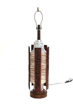 Rare Large Tall Mid-Century Danish Modern Pottery Table Lamp Teak Pebble Paneled