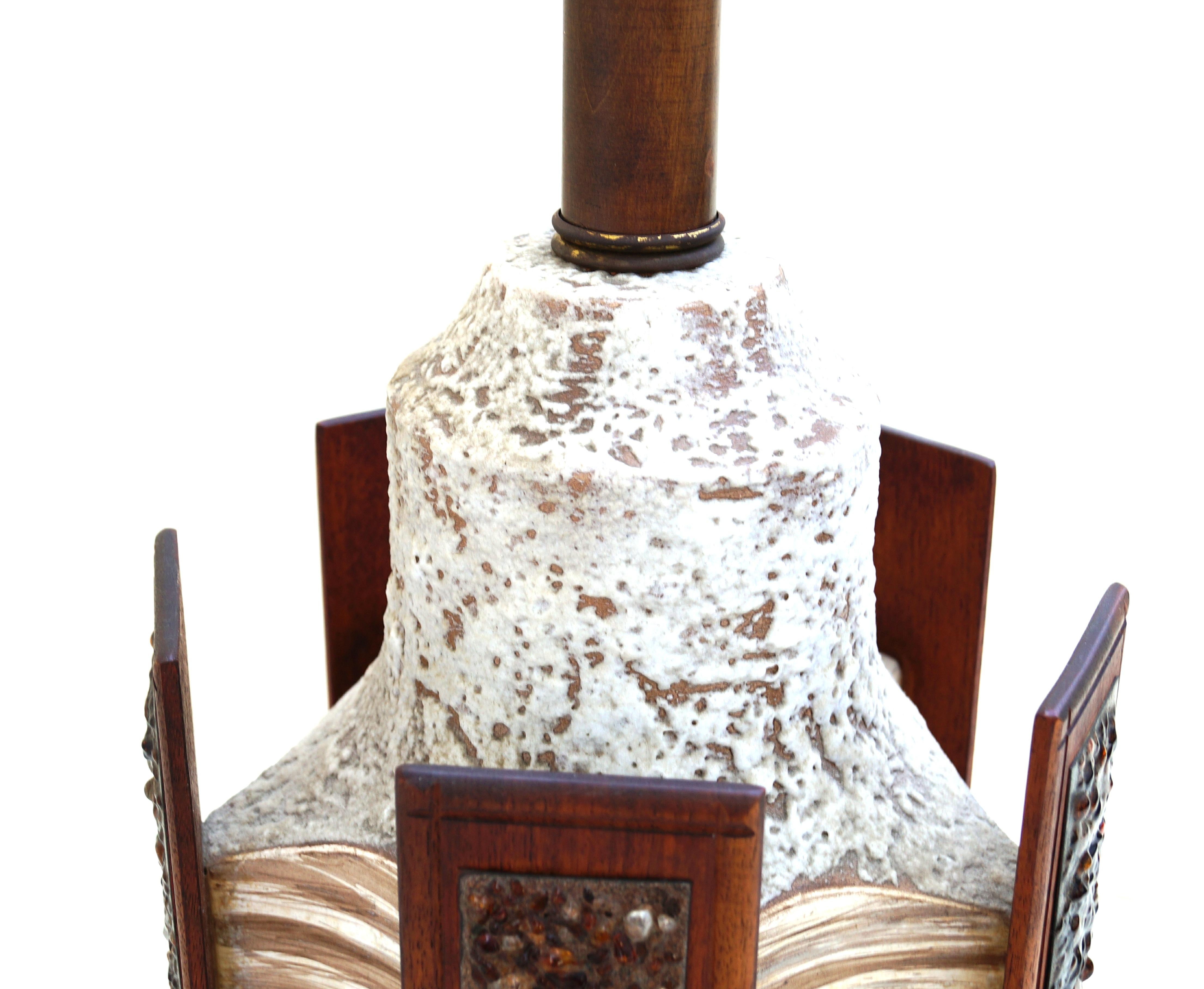 Rare Large Tall Mid-Century Danish Modern Pottery Table Lamp Teak Pebble Paneled For Sale 1