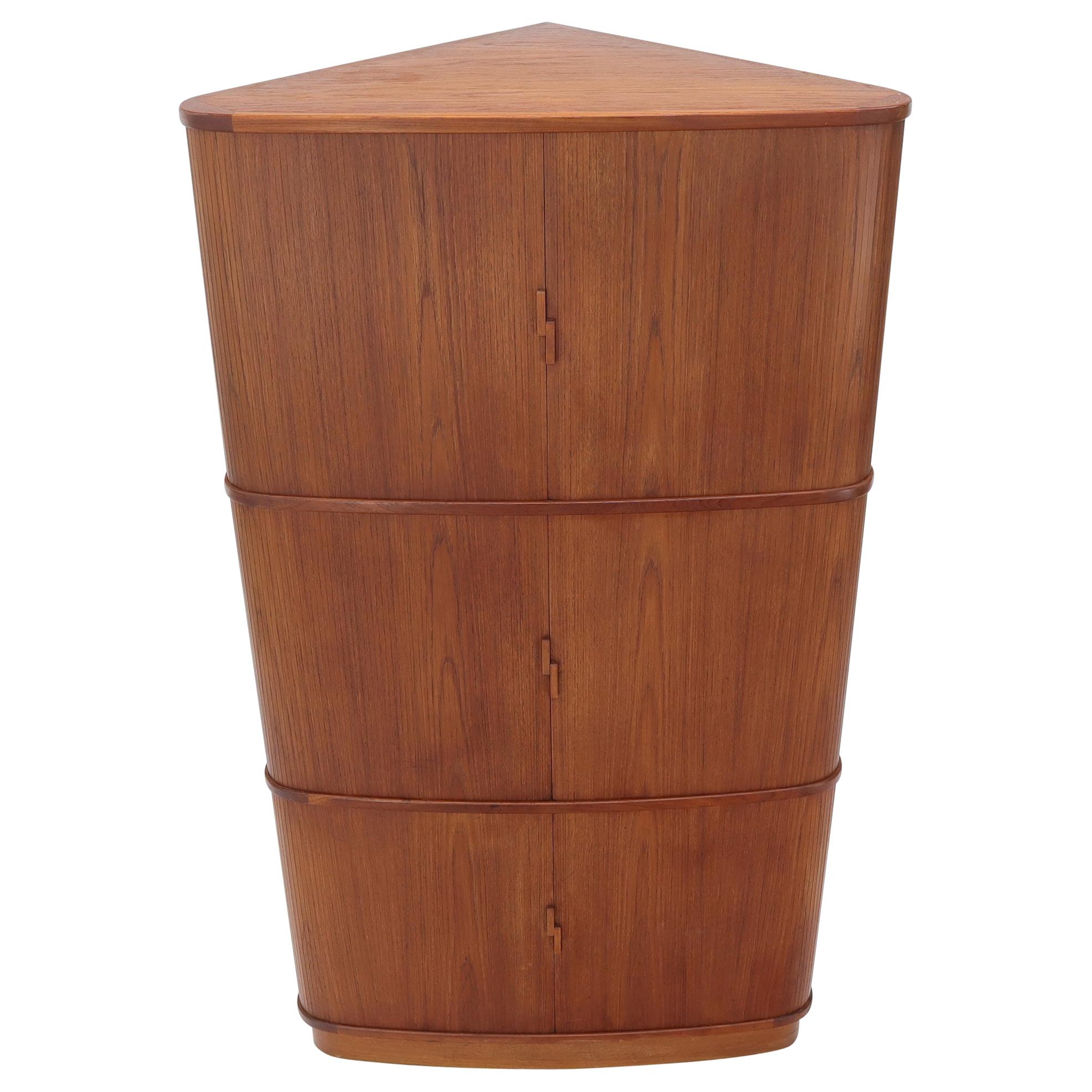 Rare Large Tambour Door Danish Modern Teak Corner Cabinet