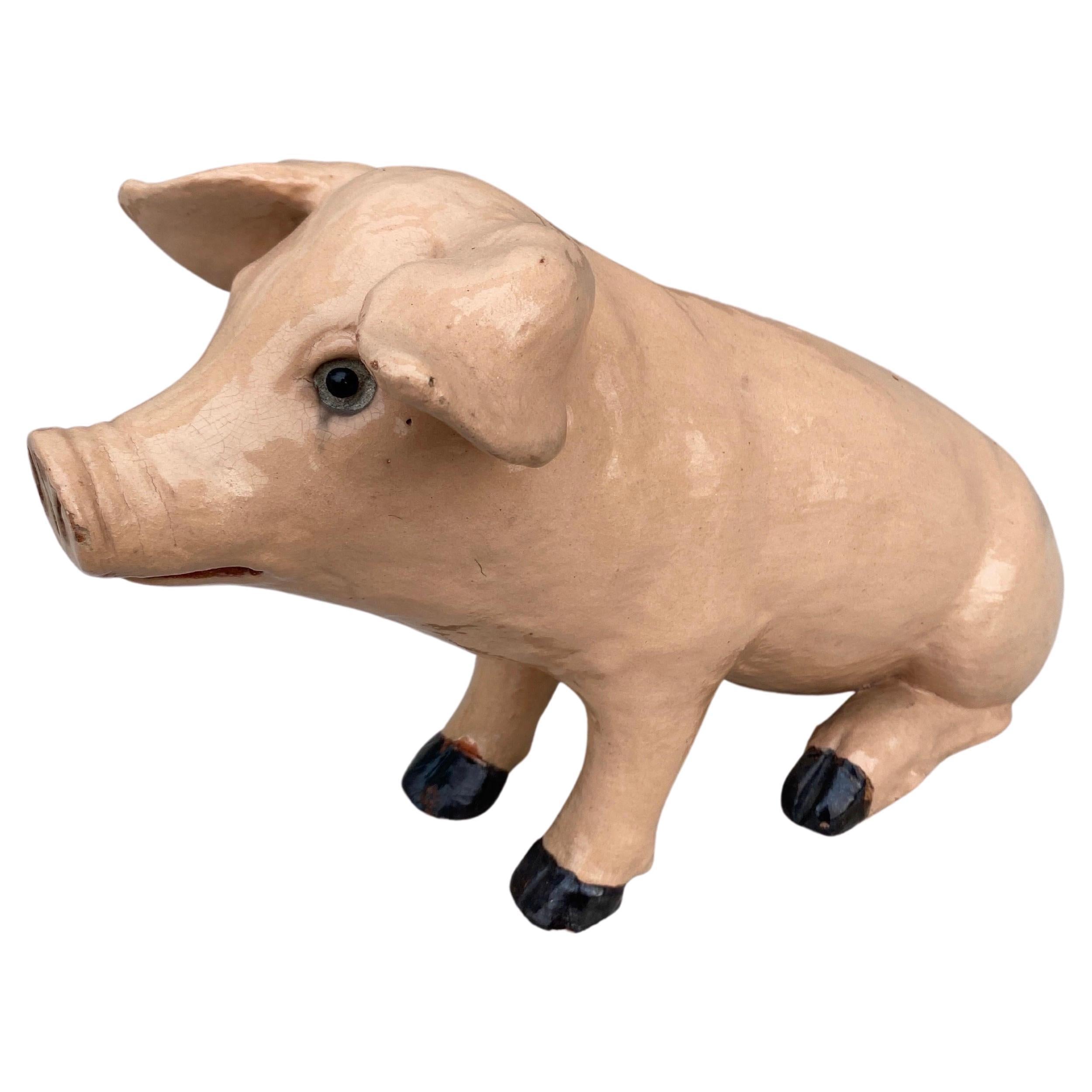 Rare large Terracotta Majolica Pig Bavent Normandy.
