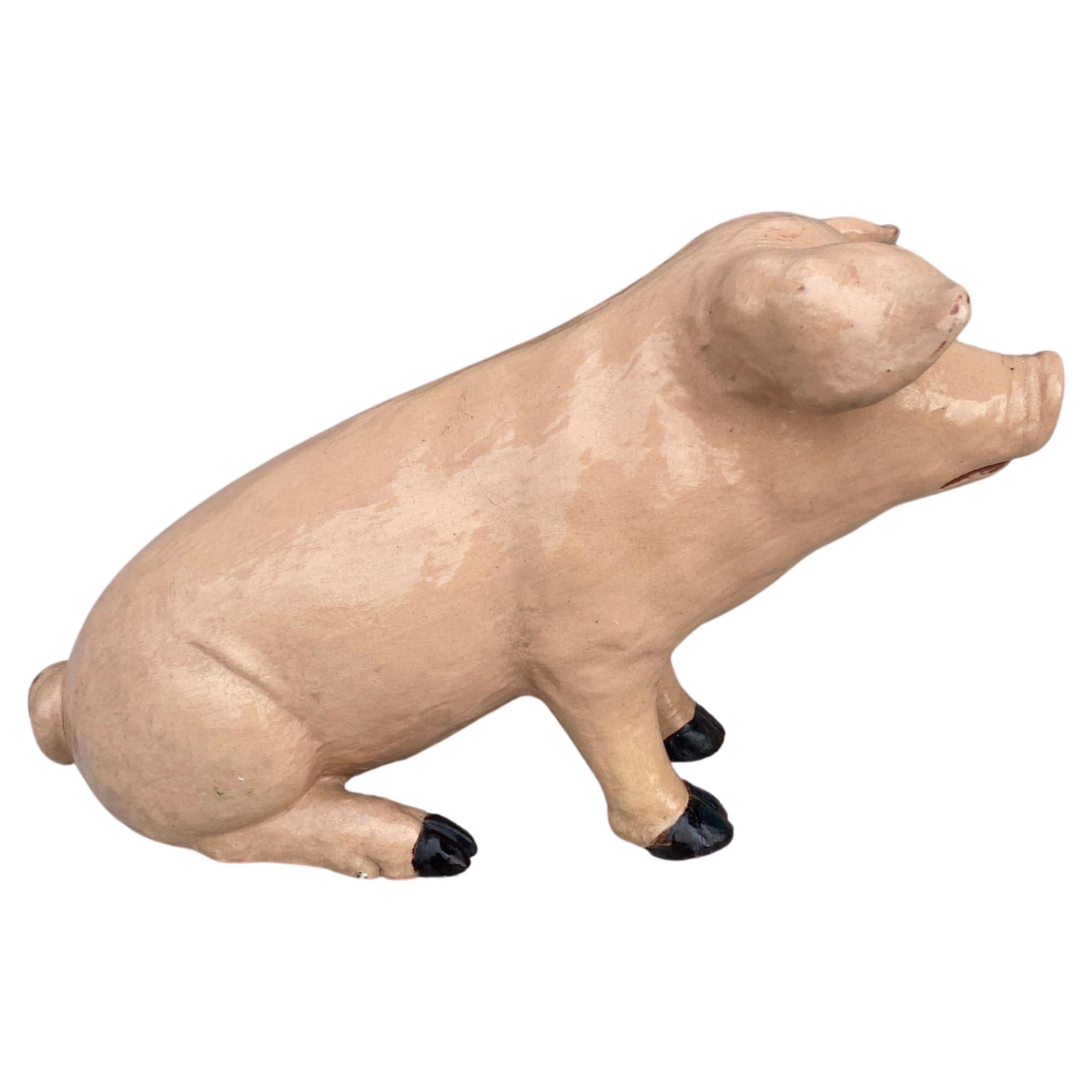 French Provincial Rare Large Terracotta Majolica Pig Bavent Normandy For Sale