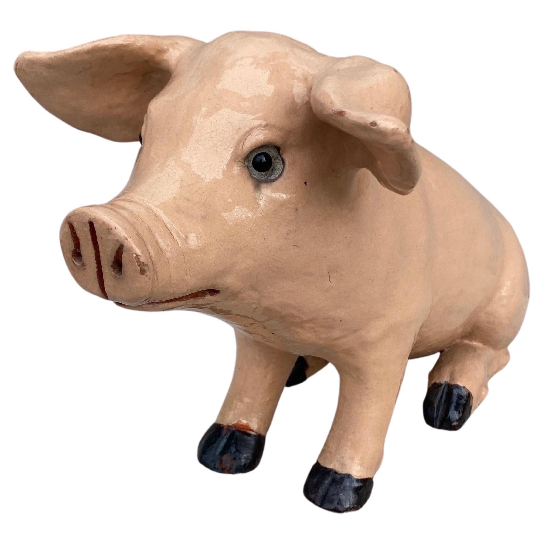 Rare Large Terracotta Majolica Pig Bavent Normandy