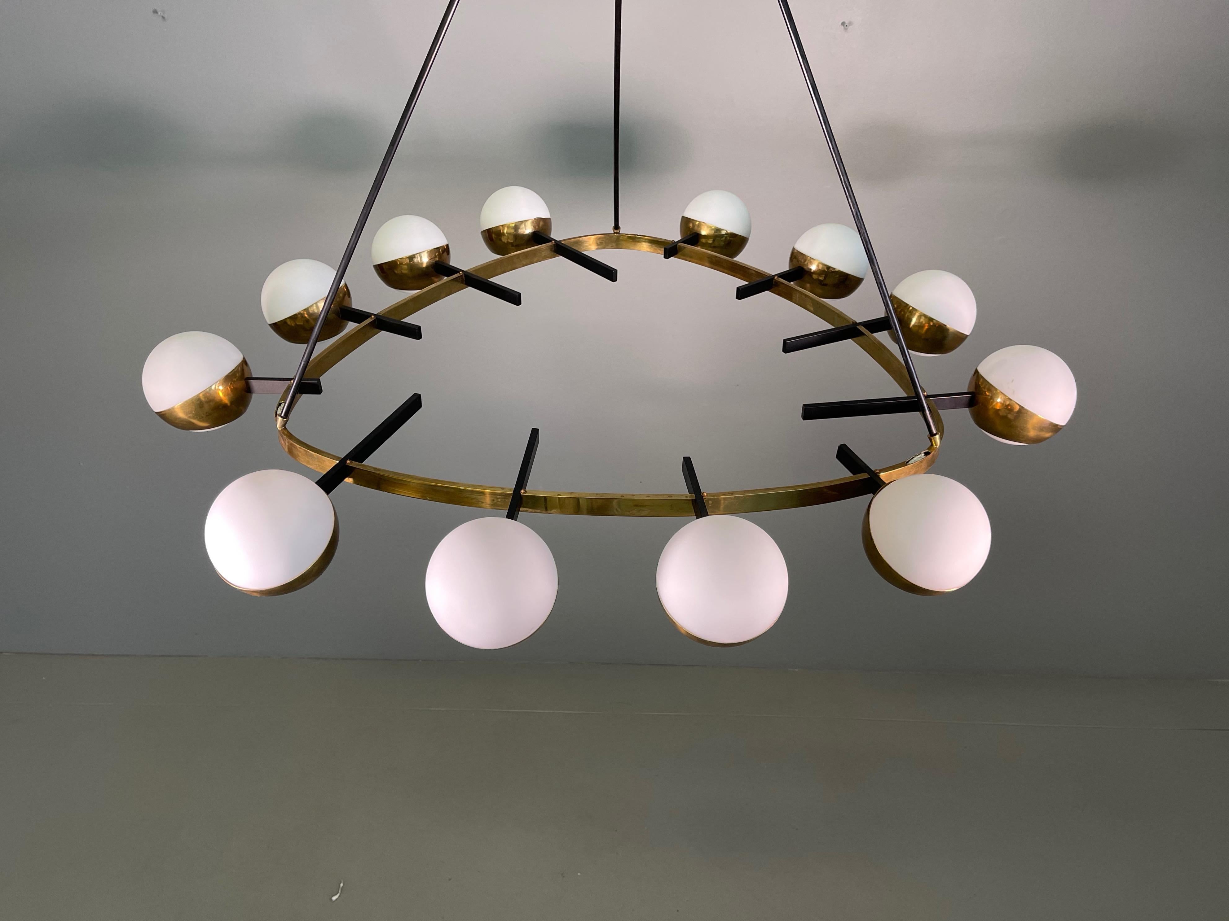 Rare Large Twelve Arms Brass Chandelier Whit Opaline Glass of Stilnovo 2