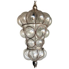 Retro Rare Large Venetian Mouth Blown Glass in Hand Knotted Metal Frame Pendant Light