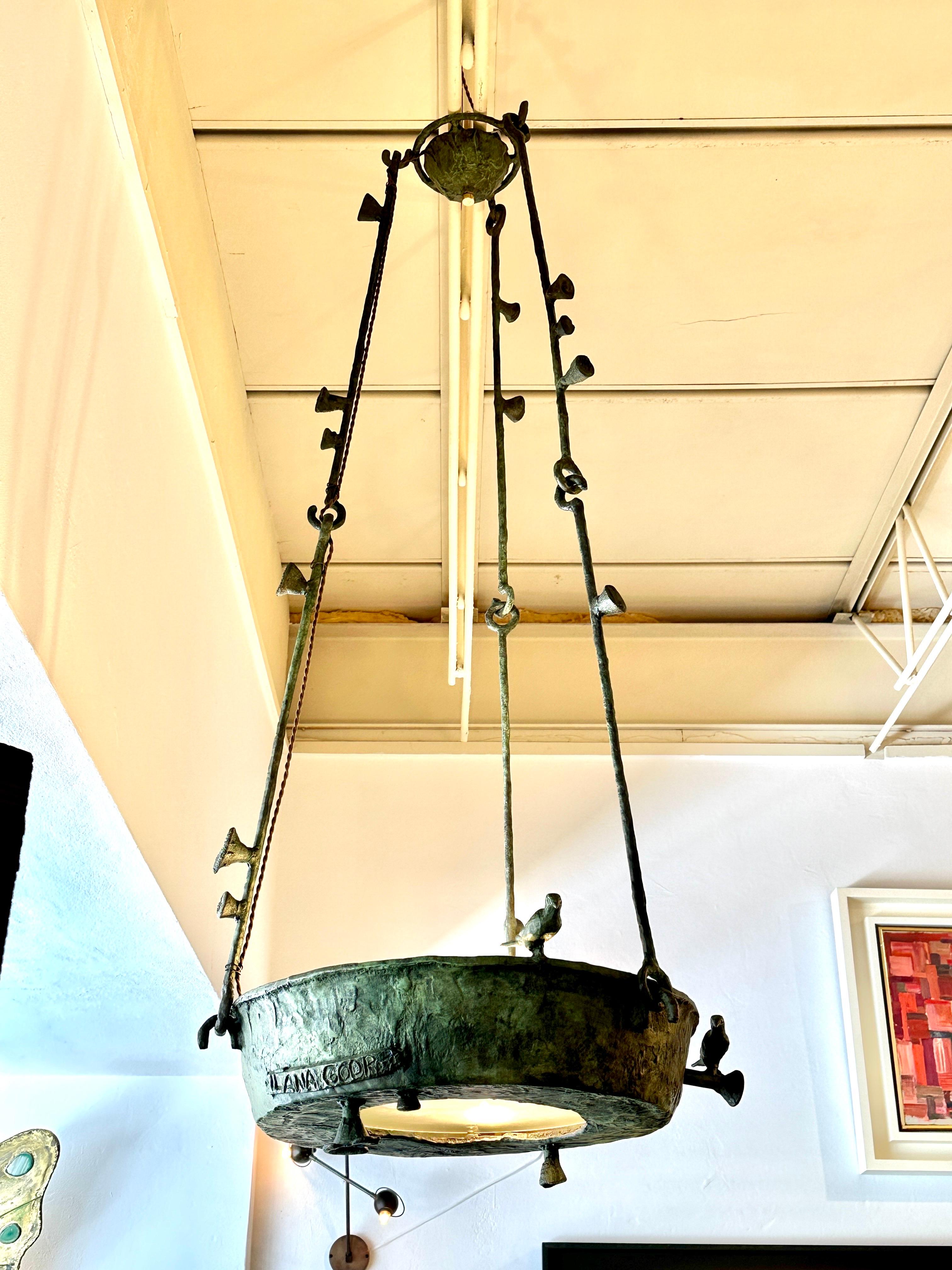 Rare Large Verdigris Bronze Birdbath Hanging Chandelier SIGNED For Sale 9