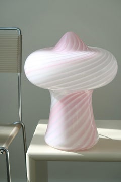 Rare Large 1970s Vintage Murano Vetri Pink White Swirl Ufo Mushroom Table Lamp