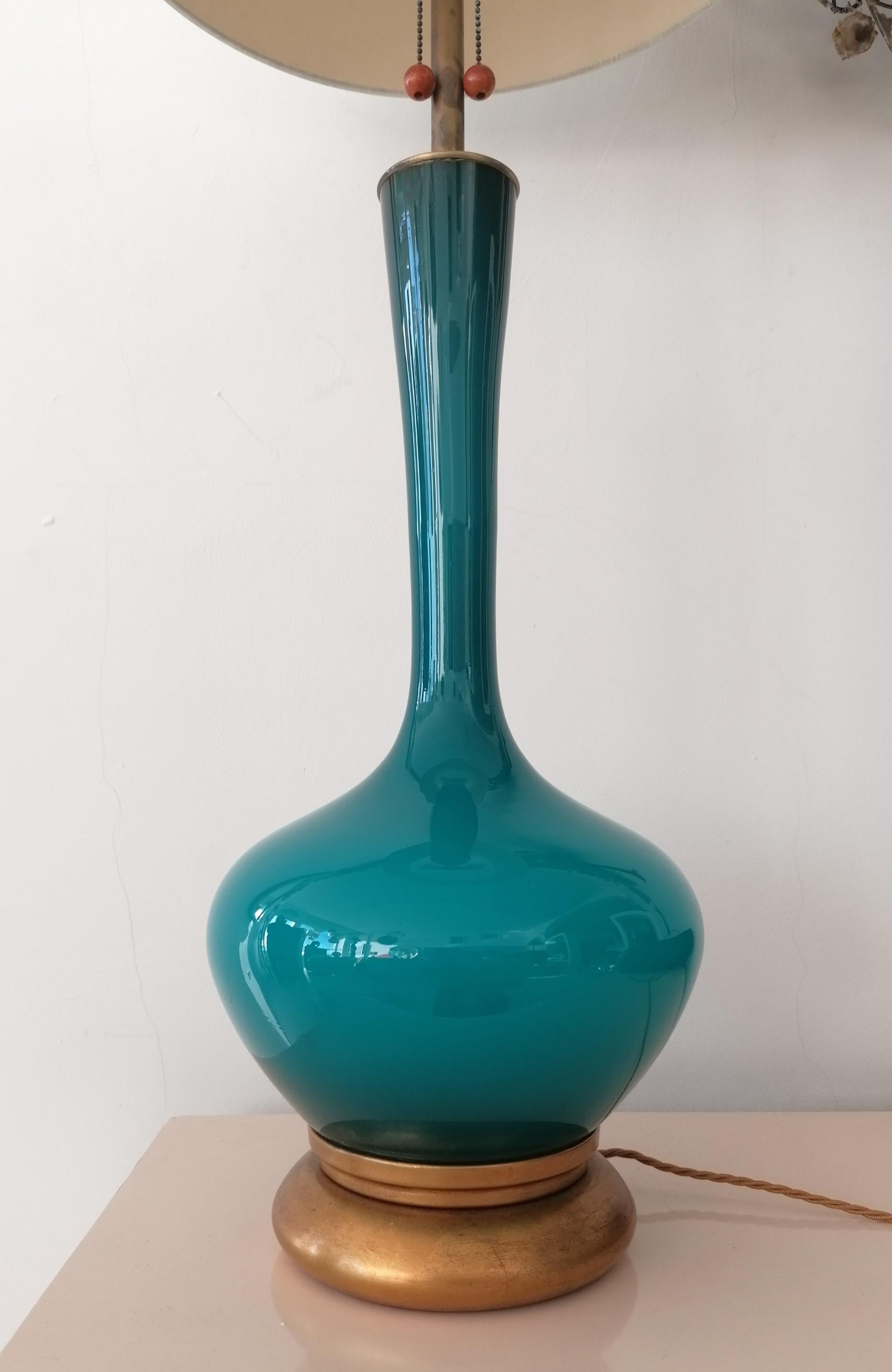 Rare Large Vintage Peacock Blue Glass, Brass & Giltwood Lamp By Marbro USA 1960s 4