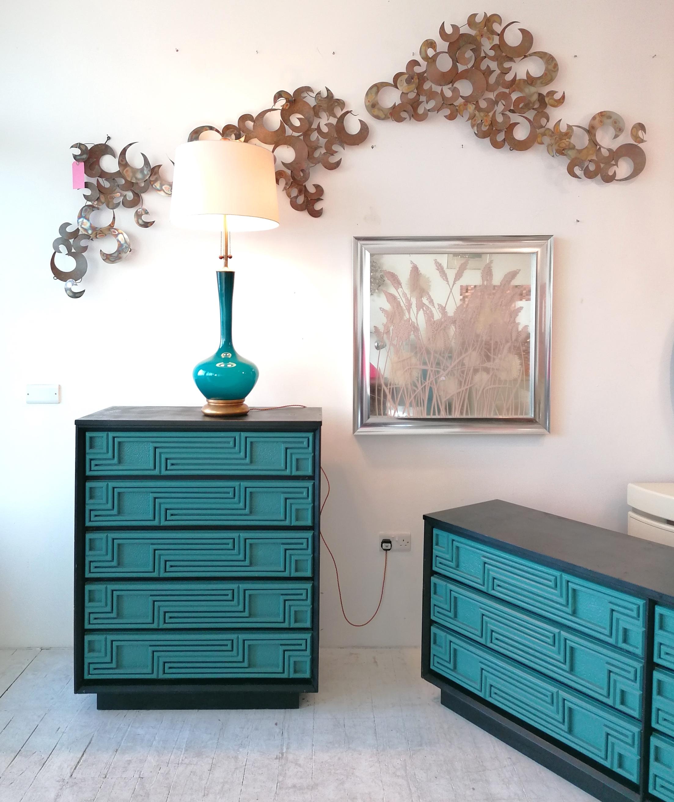 Rare Large Vintage Peacock Blue Glass, Brass & Giltwood Lamp By Marbro USA 1960s 5