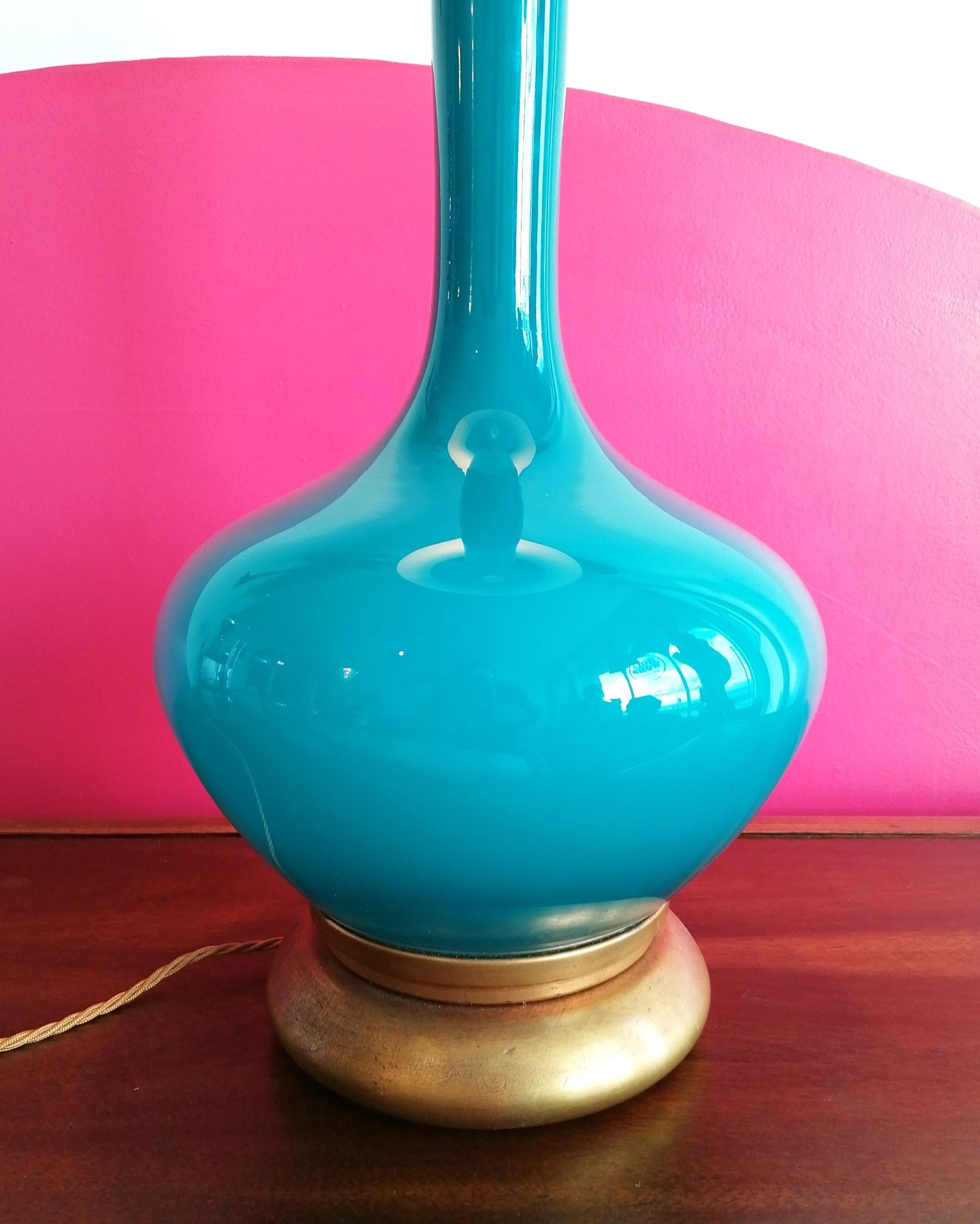 Rare Large Vintage Peacock Blue Glass, Brass & Giltwood Lamp By Marbro USA 1960s 6