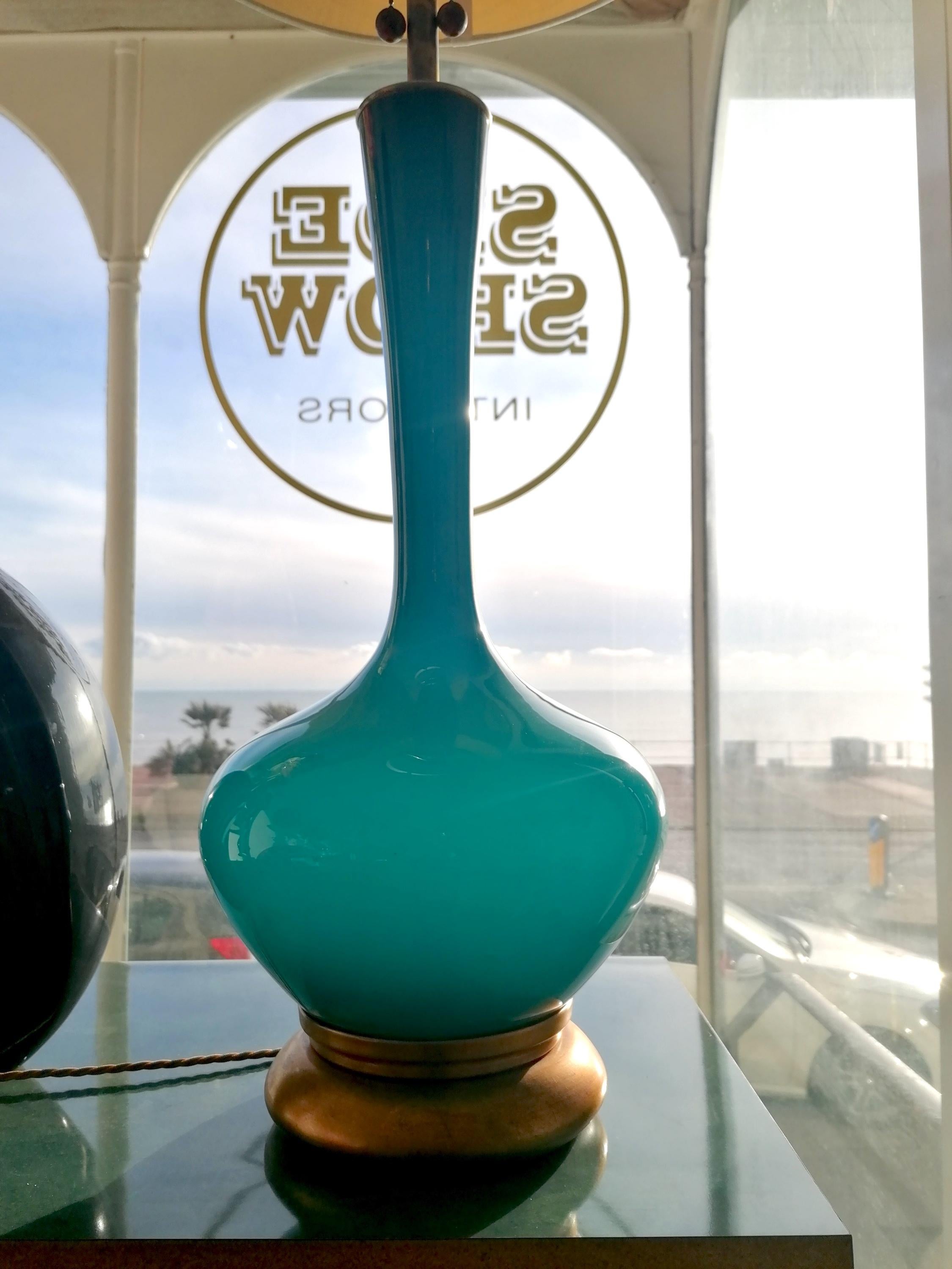 Rare Large Vintage Peacock Blue Glass, Brass & Giltwood Lamp By Marbro USA 1960s 8