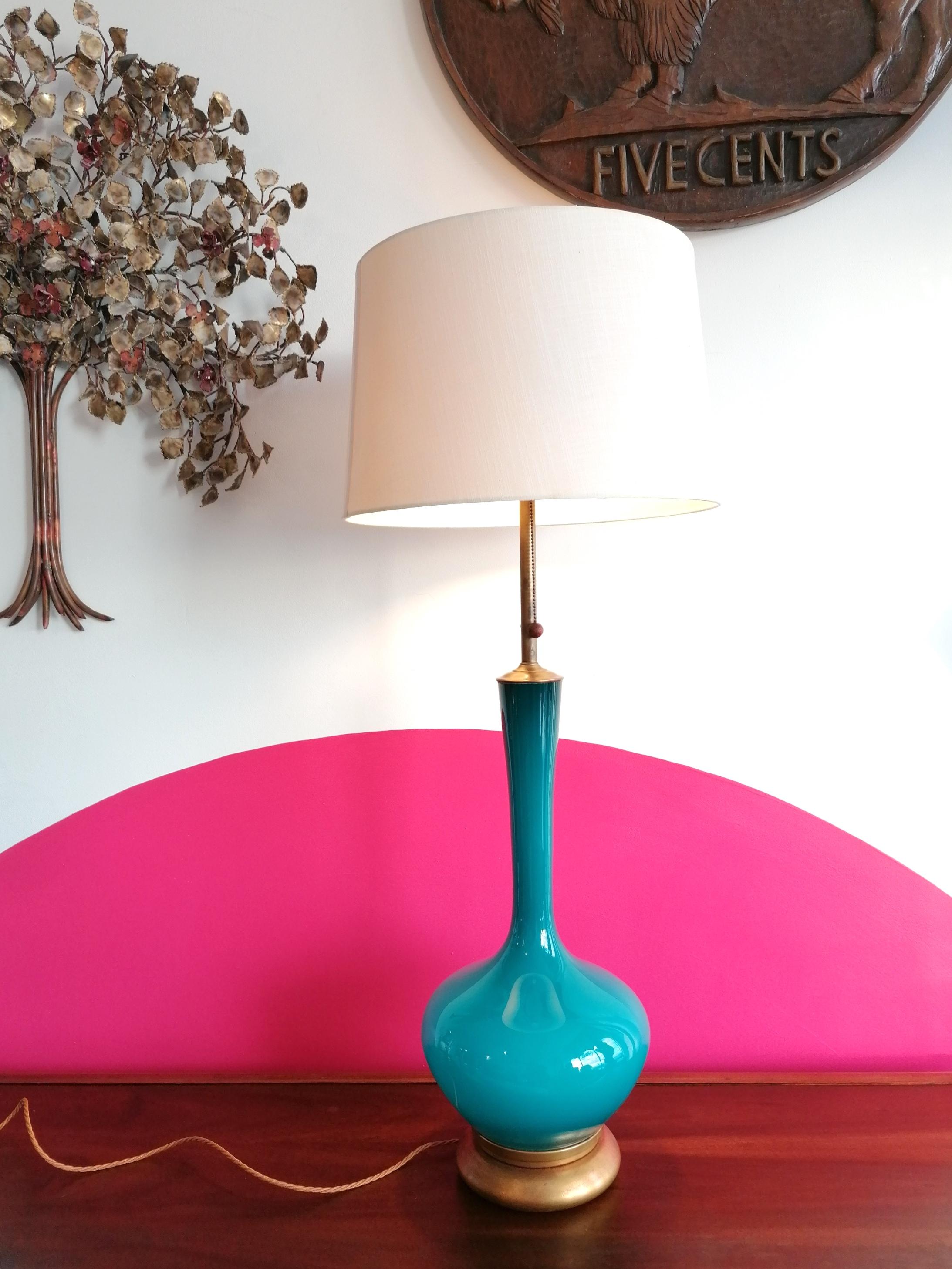 Rare Large Vintage Peacock Blue Glass, Brass & Giltwood Lamp By Marbro USA 1960s In Good Condition In Hastings, GB