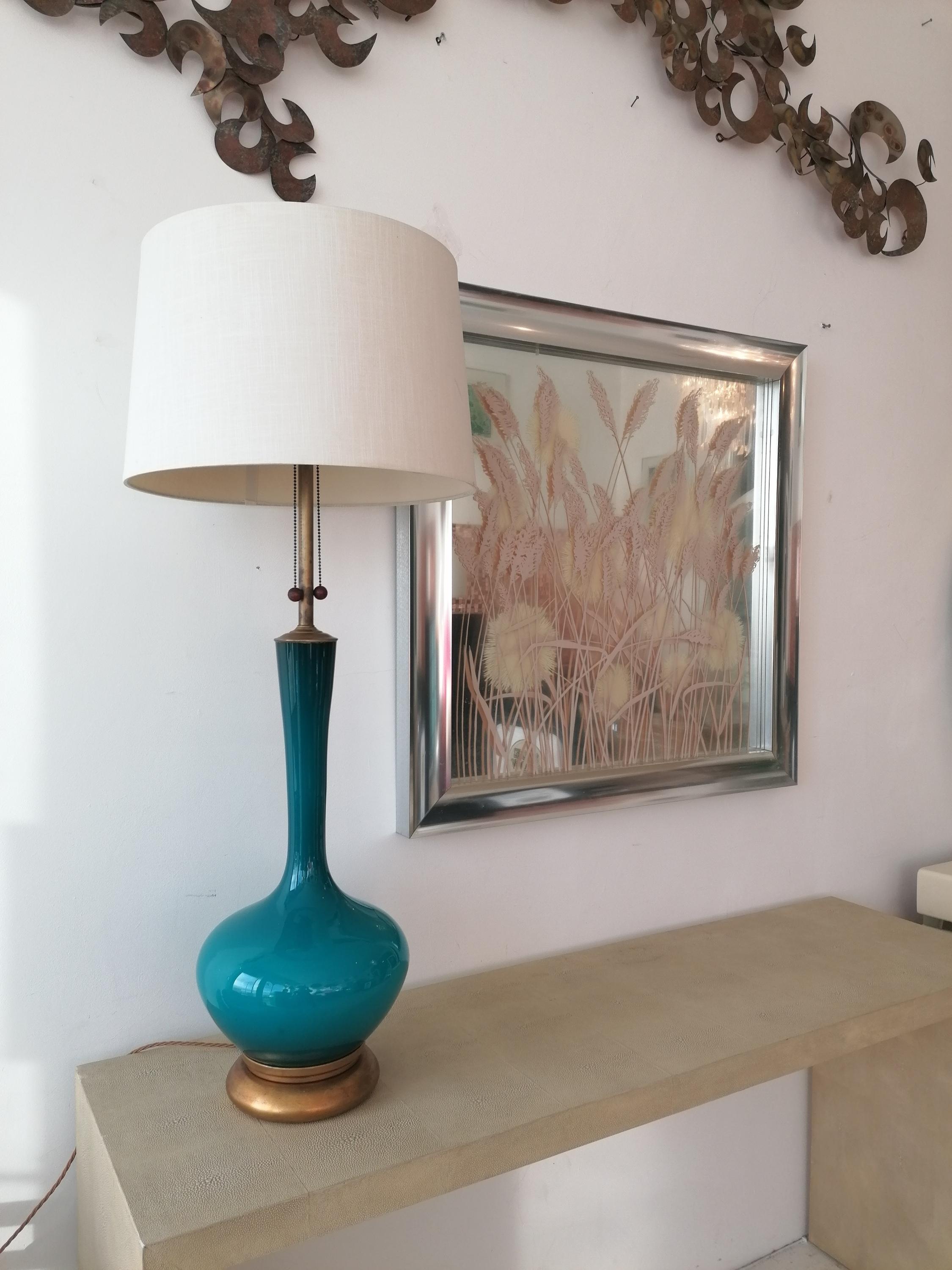 Rare Large Vintage Peacock Blue Glass, Brass & Giltwood Lamp By Marbro USA 1960s 1