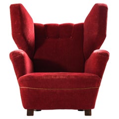 Seltener großer Ohrensessel aus Stoff und Eiche, 1930er Jahre