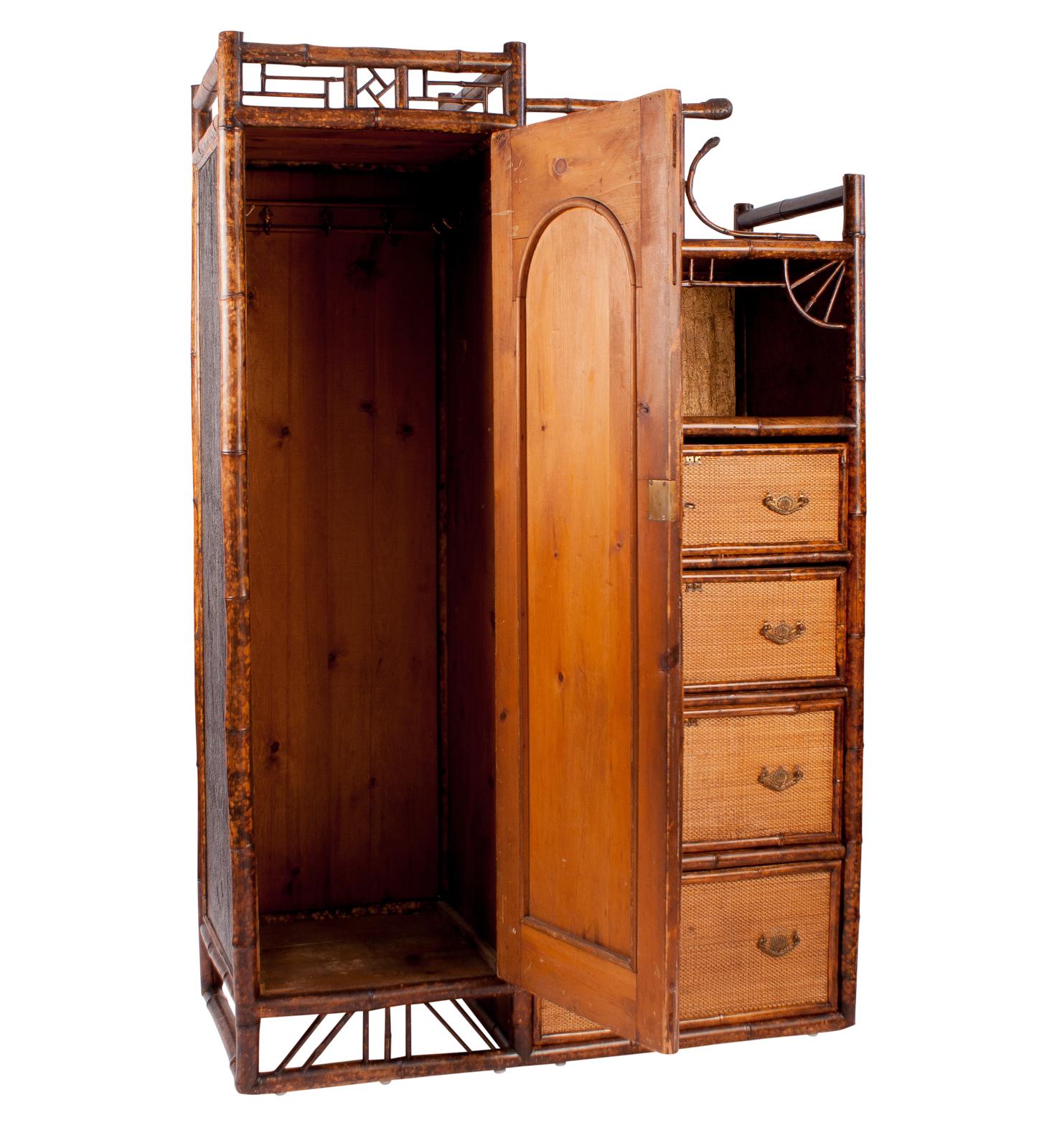 A late 19th century Victorian English bamboo and wicker dressing cabinet with 4 drawers, a shelf and a dressing mirror, circa 1880.
