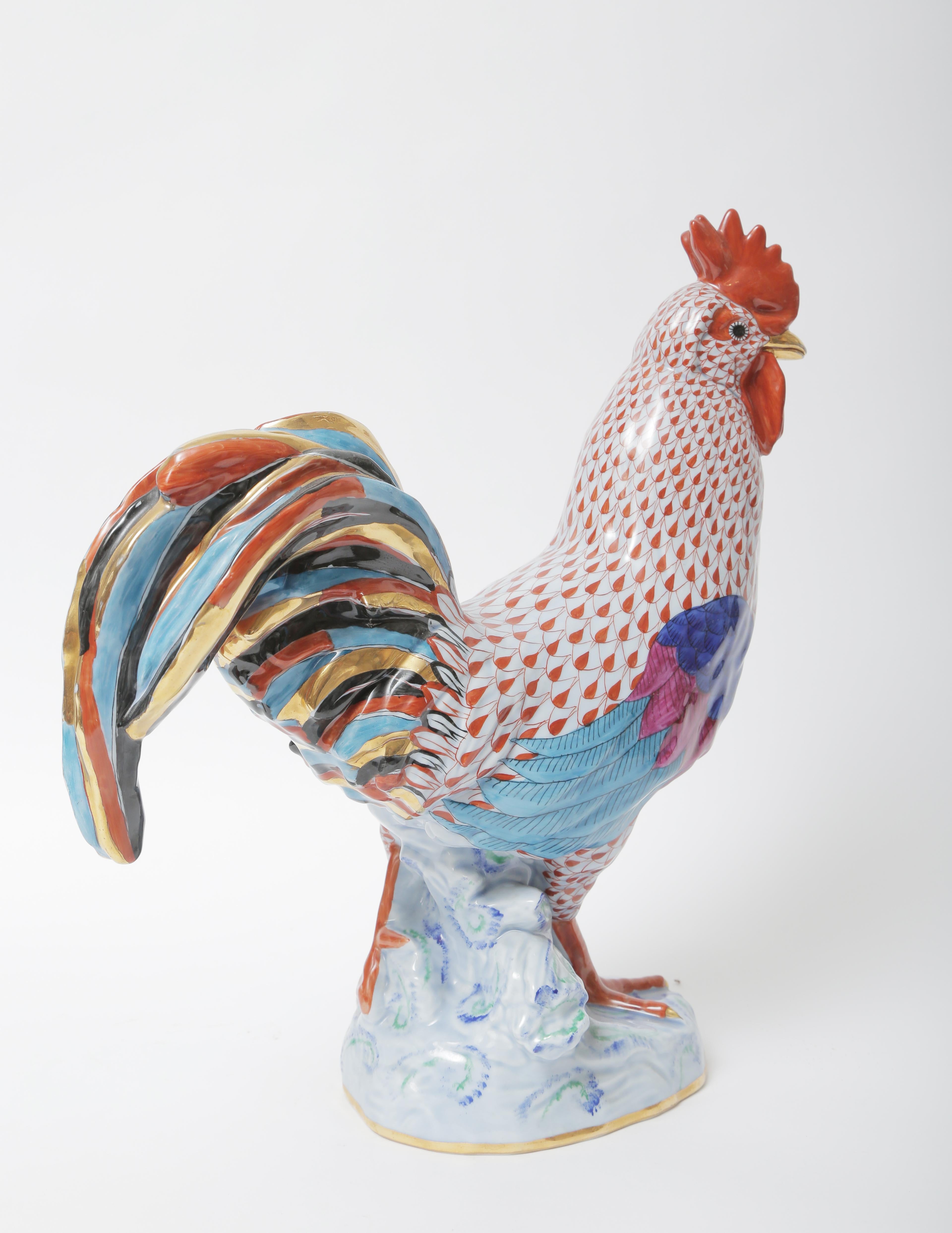 Late 20th Century Rare Largest Sized Herend Rooster Figurine. Cobalt Porcelain Hand Painted
