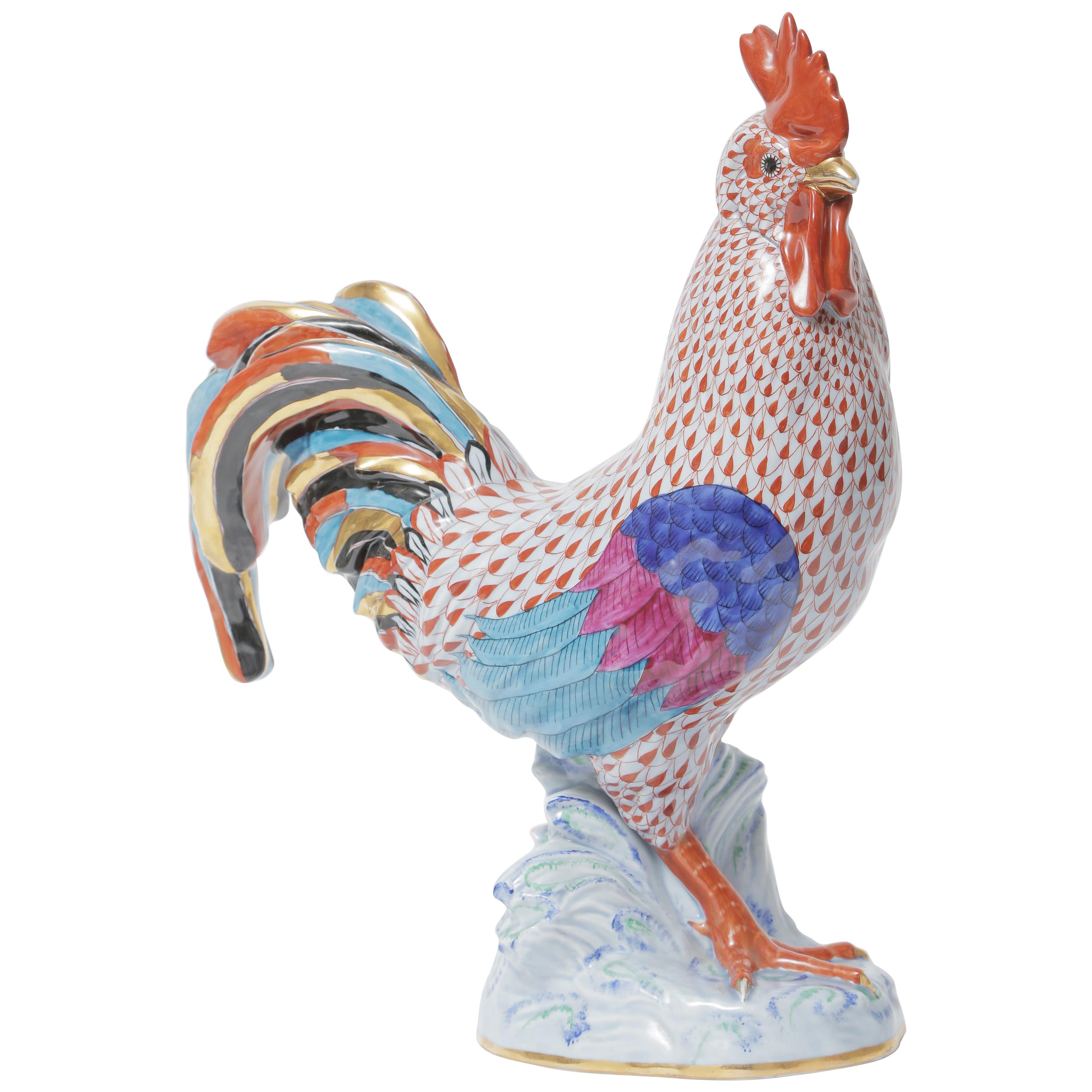 Rare Largest Sized Herend Rooster Figurine. Cobalt Porcelain Hand Painted